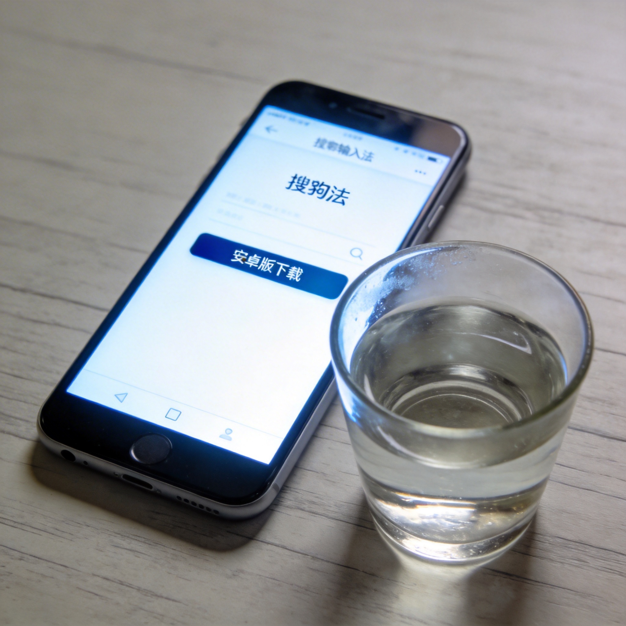 桌面的安卓手机，屏幕显示搜狗输入法官网页面，安卓版下载按钮在页面中部，旁边放着半杯凉白开，屏幕光照明