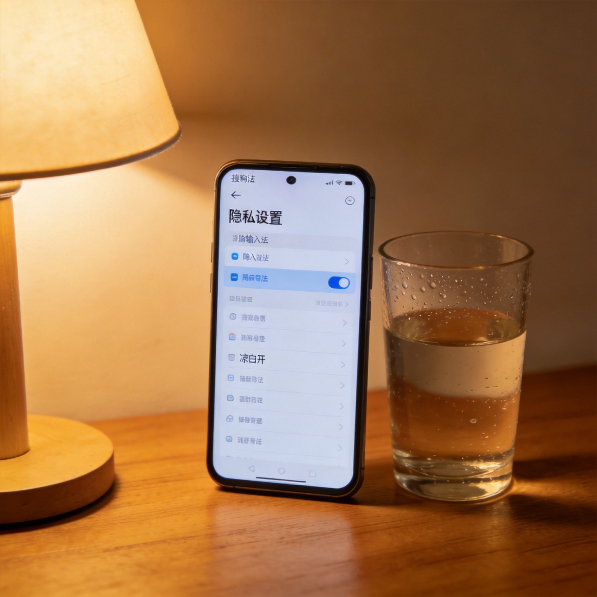 智能手机屏幕显示搜狗输入法设置界面，页面停在隐私设置板块，旁边放着半杯凉白开，台灯暖光