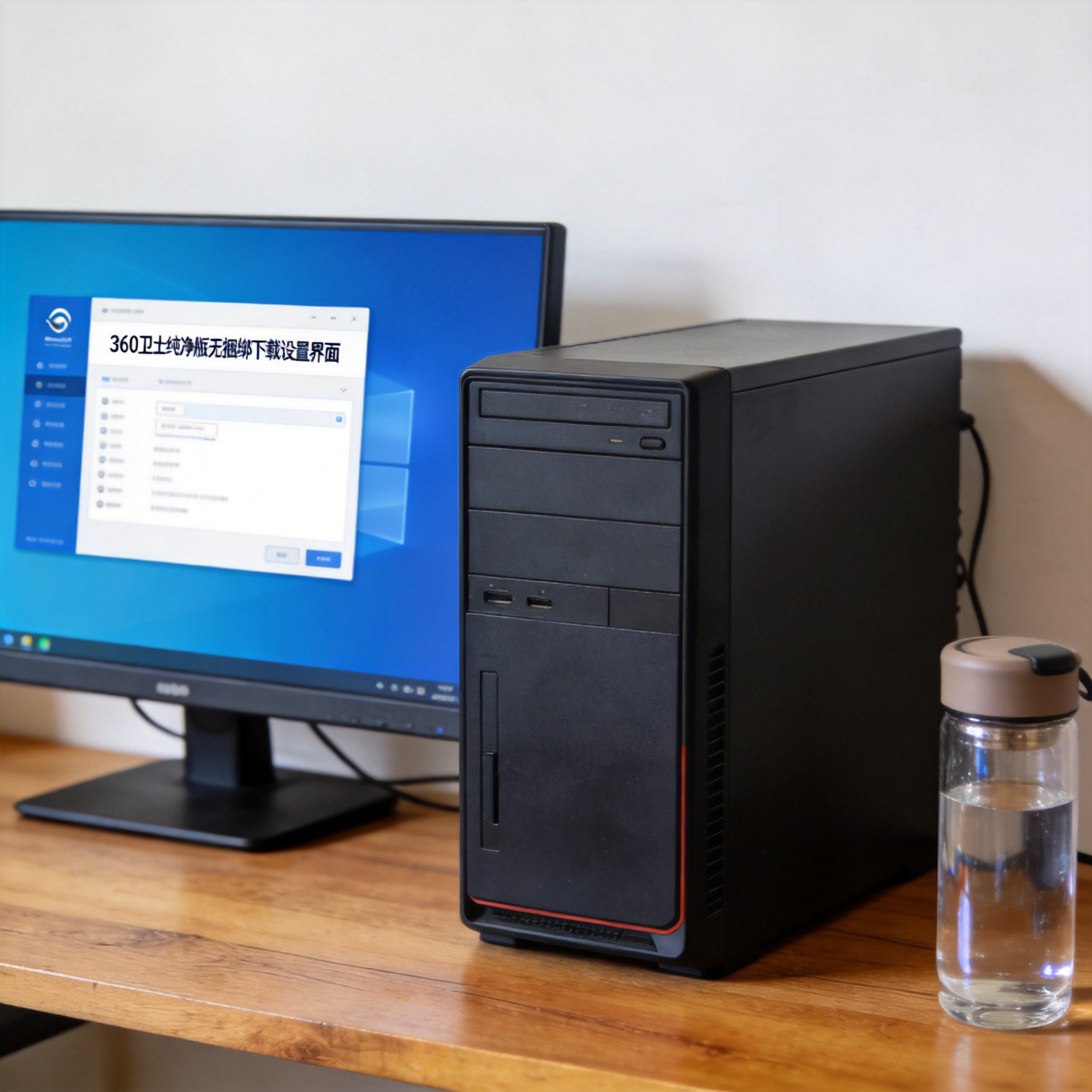 书桌上的主机，屏幕显示360 卫士纯净版无捆绑下载设置界面，桌角放着水杯，自然光