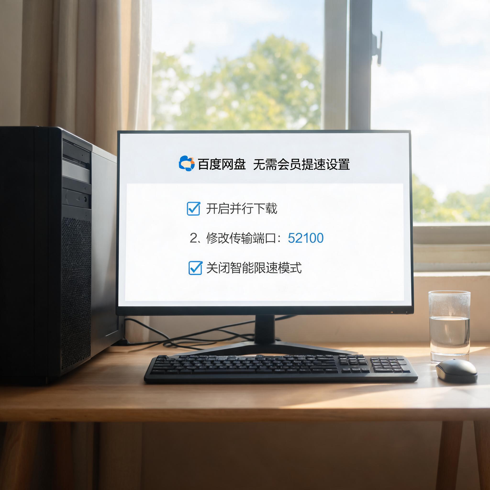 书桌上的主机，屏幕显示百度网盘提速方法无需会员设置界面，桌角放着水杯，自然光