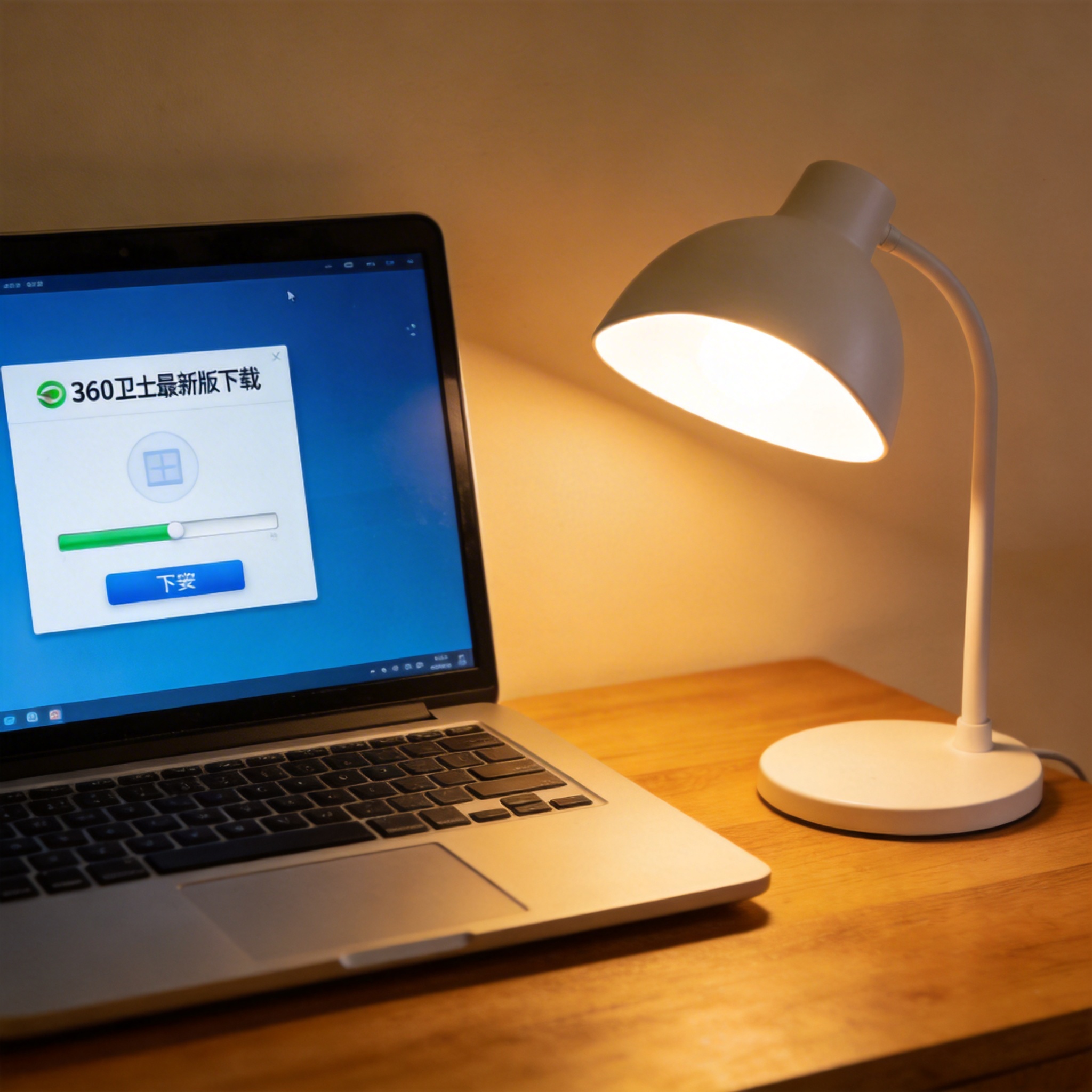 电脑桌上的电脑，屏幕显示360 卫士最新版下载界面，旁边放着台灯