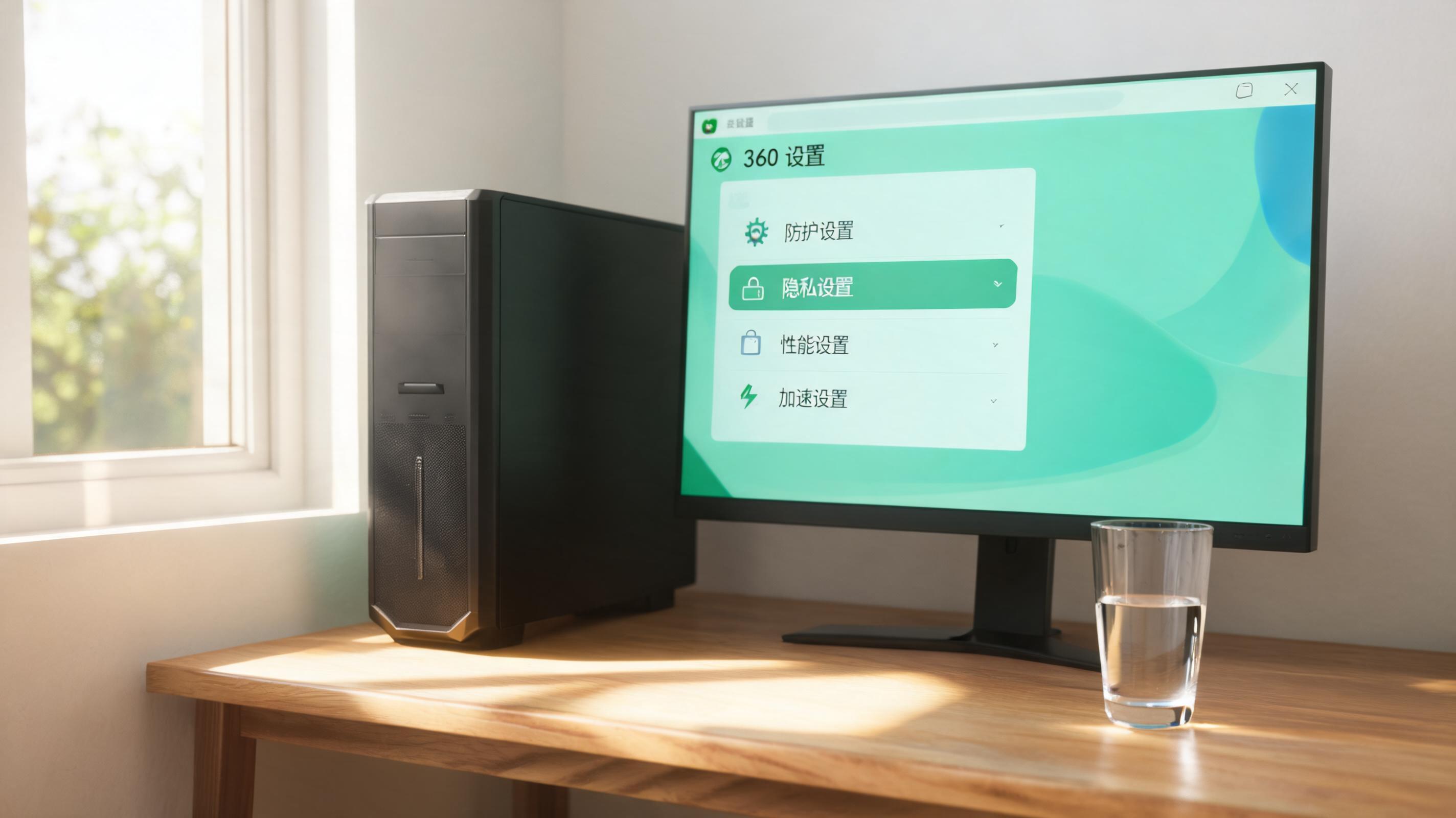 书桌上的主机，屏幕显示360设置界面，桌角放着水杯，自然光