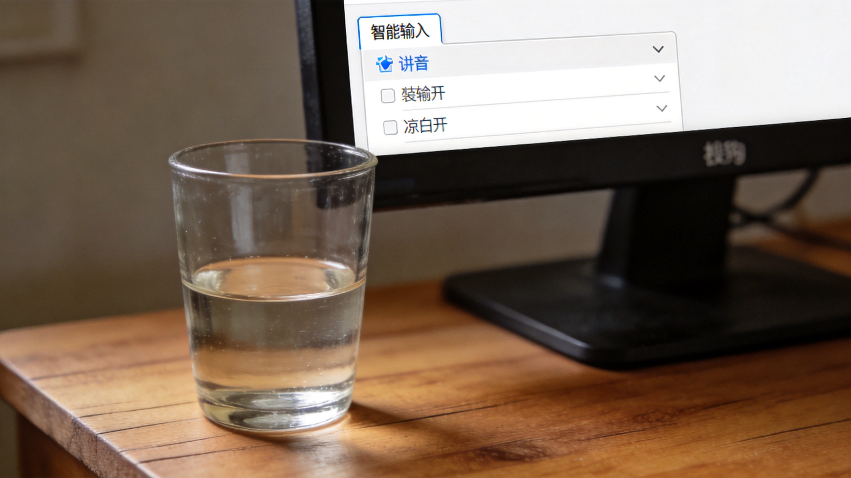 电脑桌面，屏幕显示搜狗拼音的设置面板，页面停在智能输入选项卡，旁边放着半杯凉白开，室内自然光