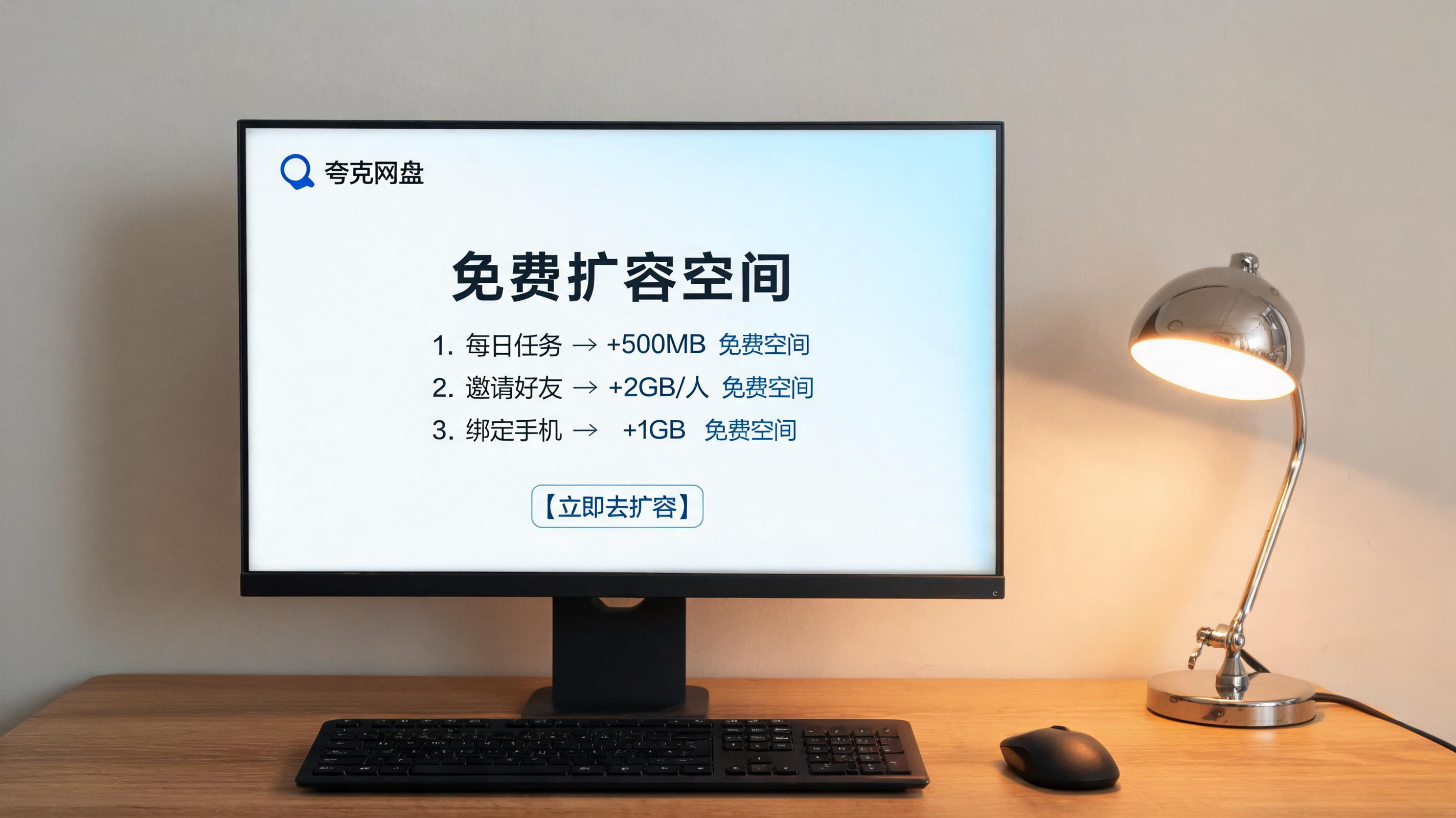 电脑桌上的电脑，屏幕显示夸克网盘怎么扩容免费空间界面，旁边放着台灯