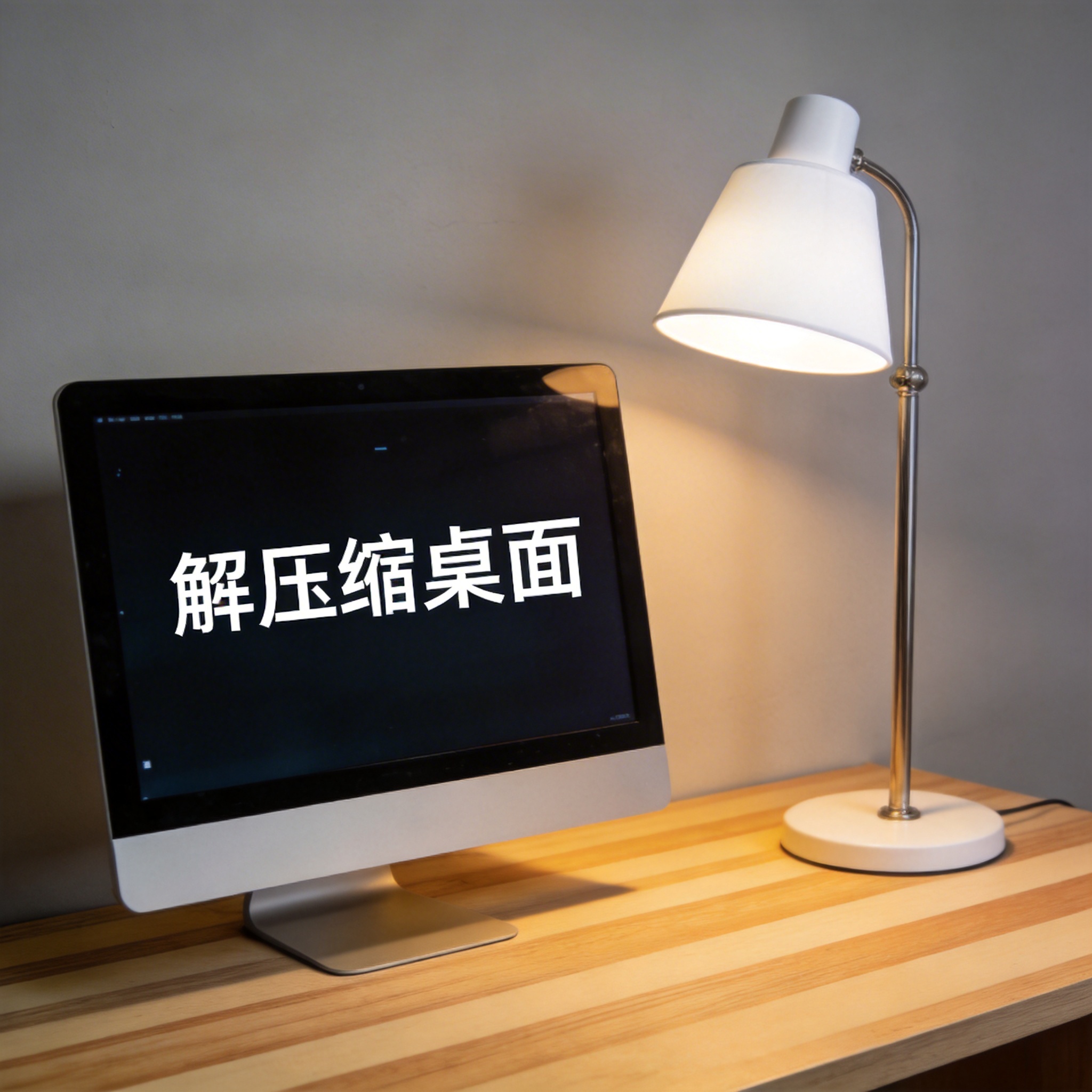 电脑桌上的电脑，屏幕显示解压缩桌面，旁边放着台灯