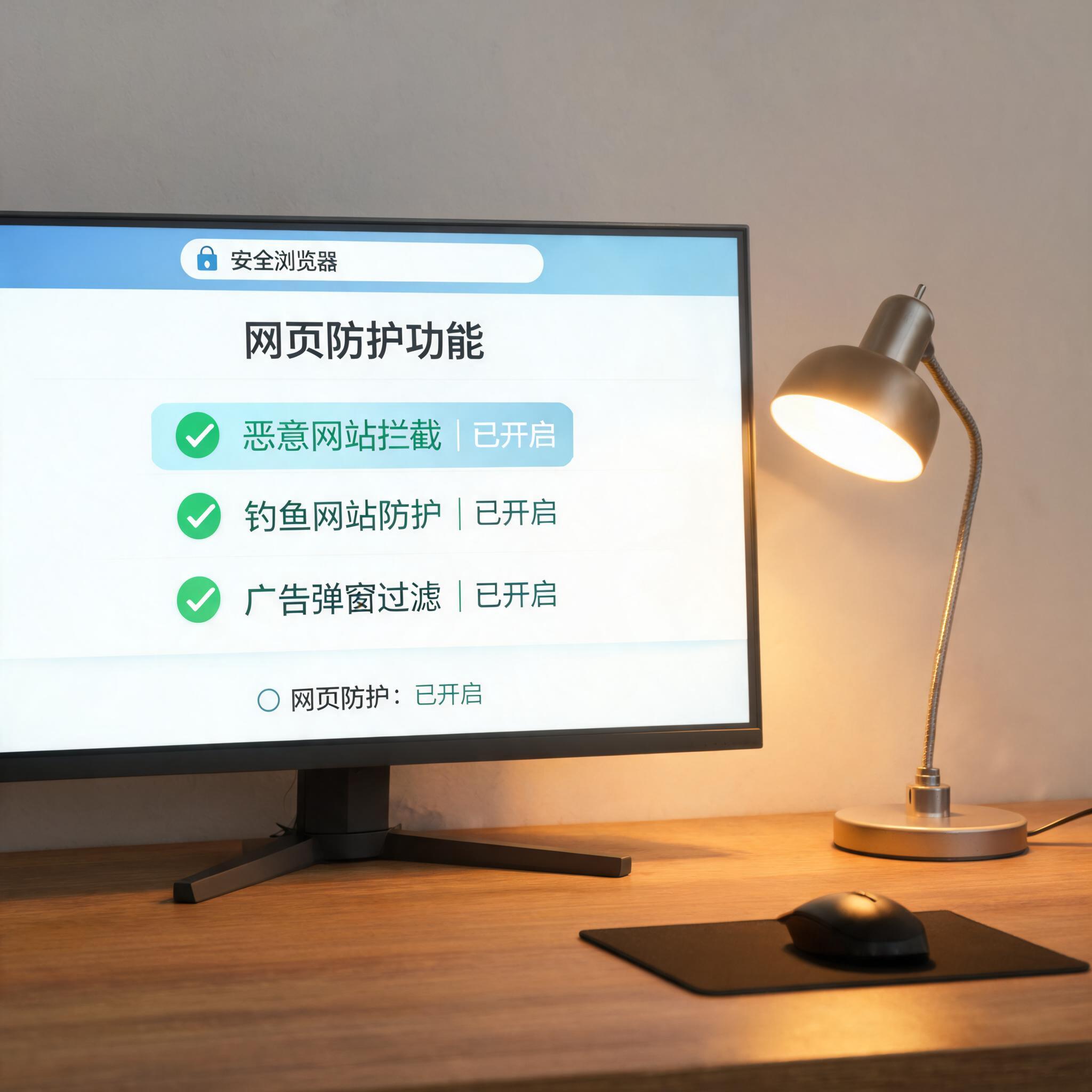 电脑桌上的电脑，屏幕显示安全浏览器网页防护功能界面，旁边放着台灯