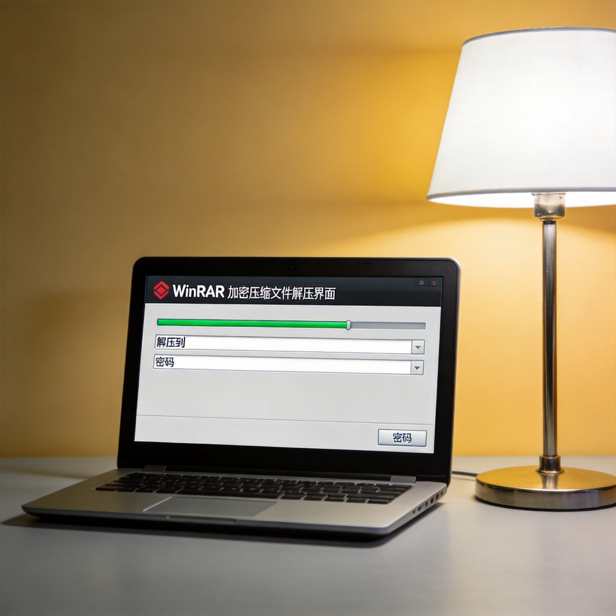 电脑桌上的电脑，屏幕显示winrar 加密压缩文件解压界面，旁边放着台灯