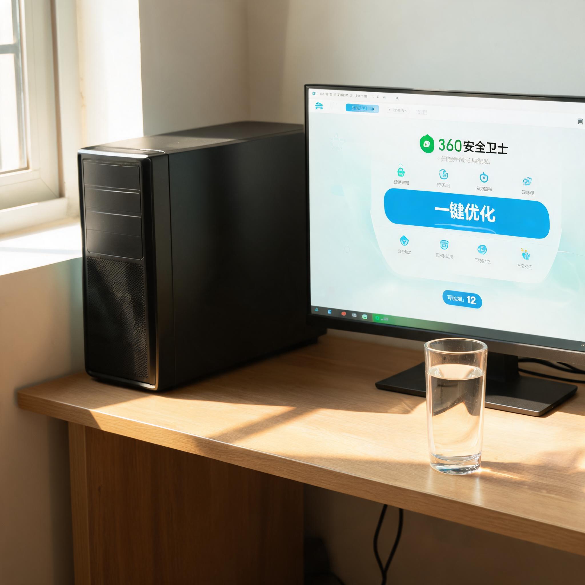 书桌上的主机，屏幕显示360 卫士一键优化功能设置界面，桌角放着水杯，自然光