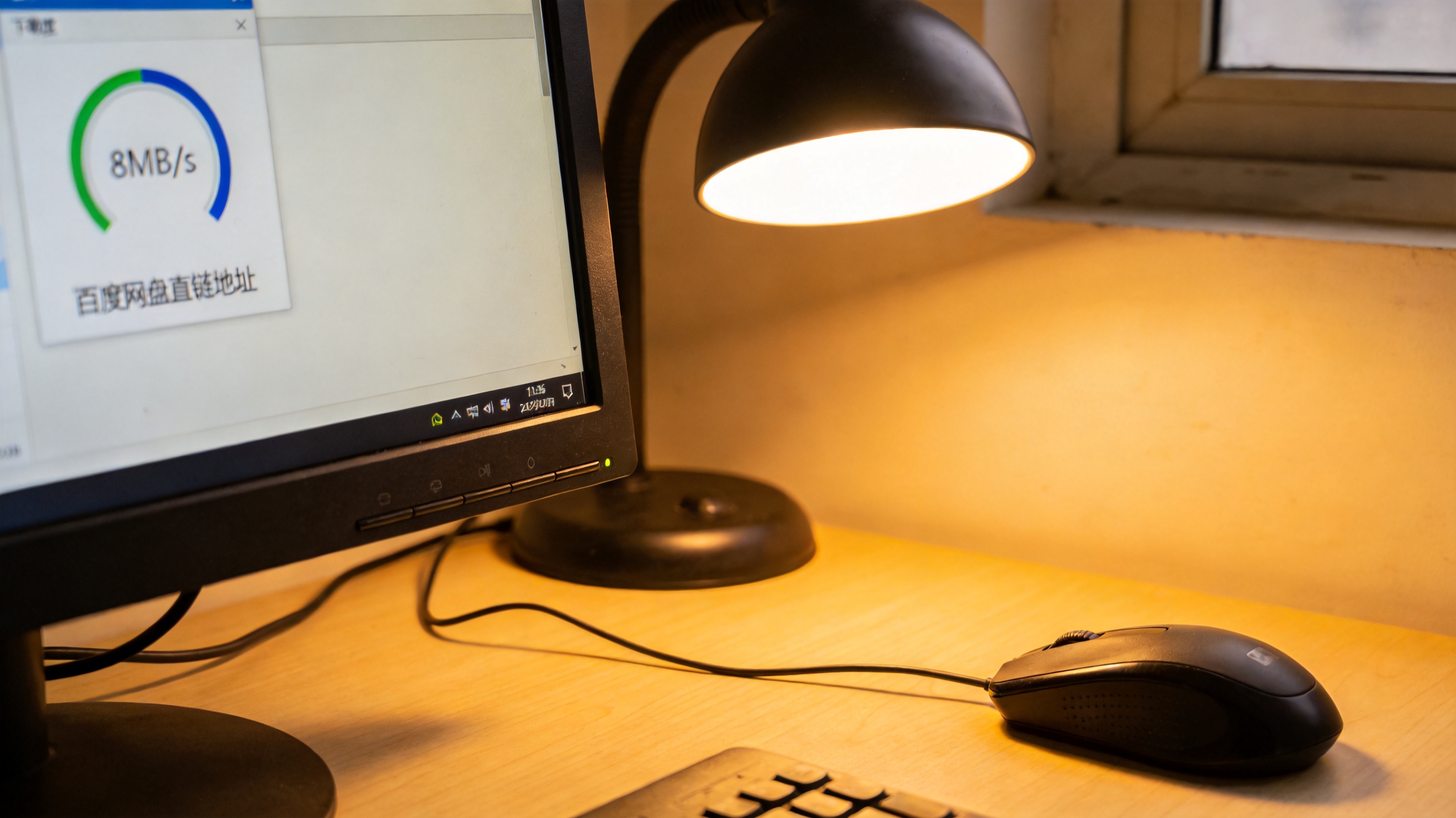 电脑屏幕显示第三方下载器界面，下载速度显示8MB/s，下方有百度网盘直链地址，桌面角落放着有线鼠标，台灯暖光