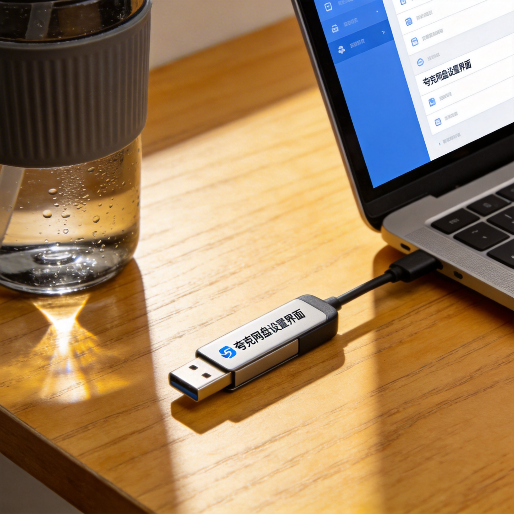 书桌上的U盘，屏幕显示夸克网盘设置界面，桌角放着水杯，自然光