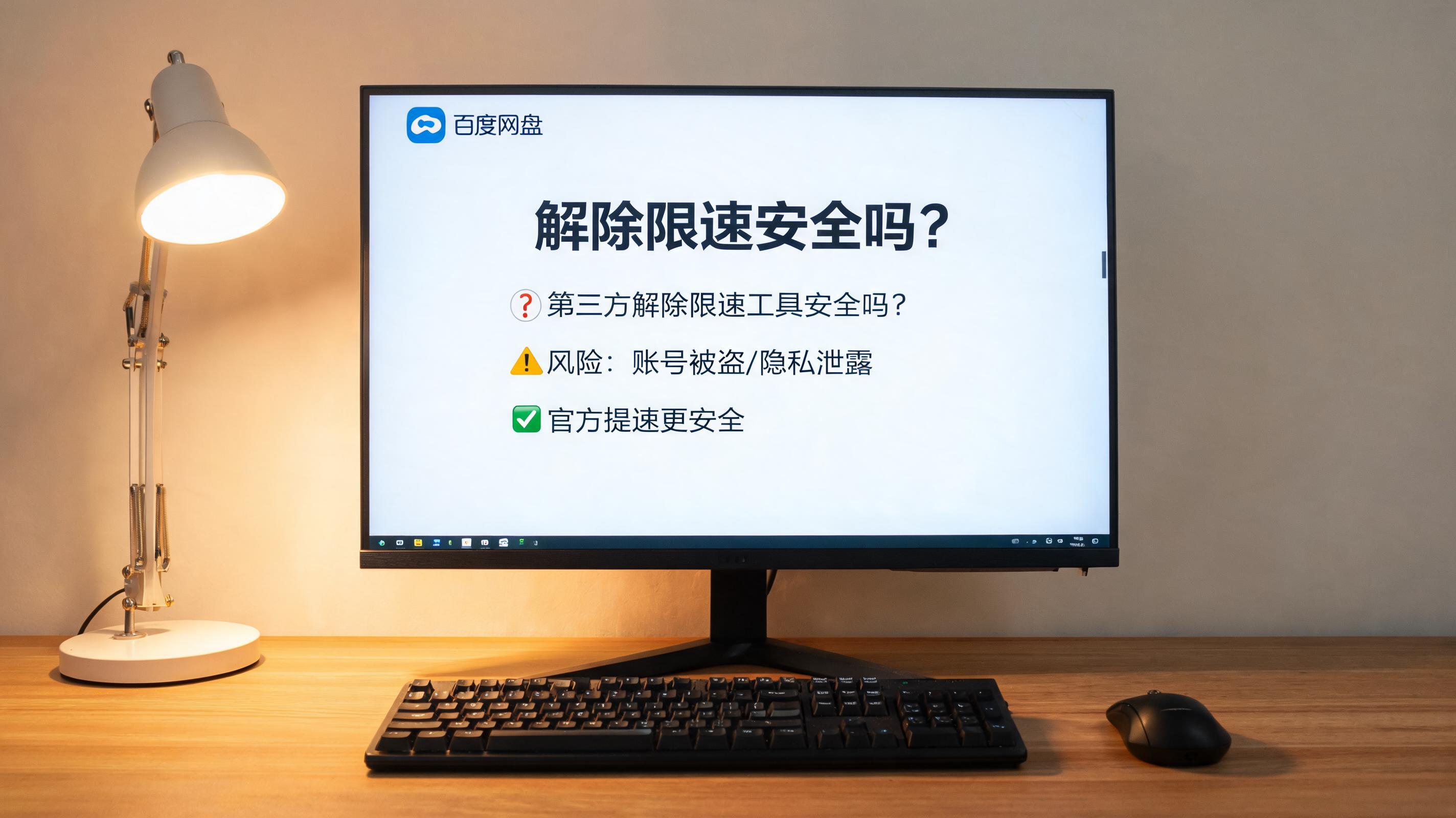 电脑桌上的电脑，屏幕显示百度网盘解除限速安全吗界面，旁边放着台灯