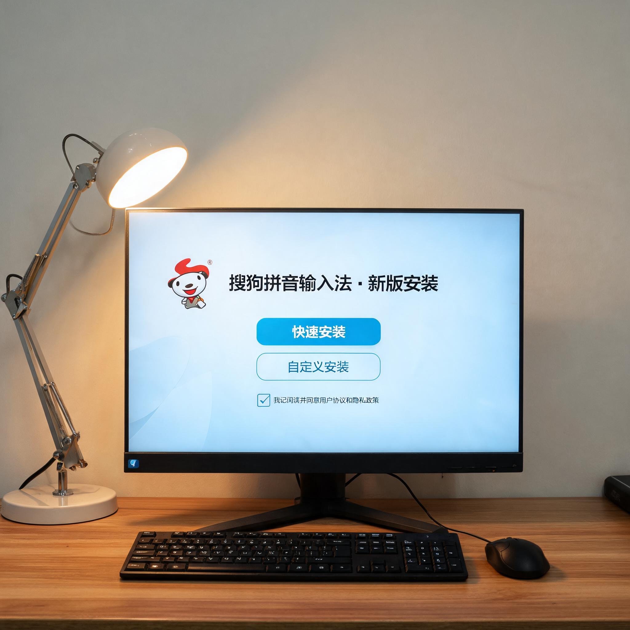 电脑桌上的电脑，屏幕显示搜狗拼音输入法新版安装界面，旁边放着台灯