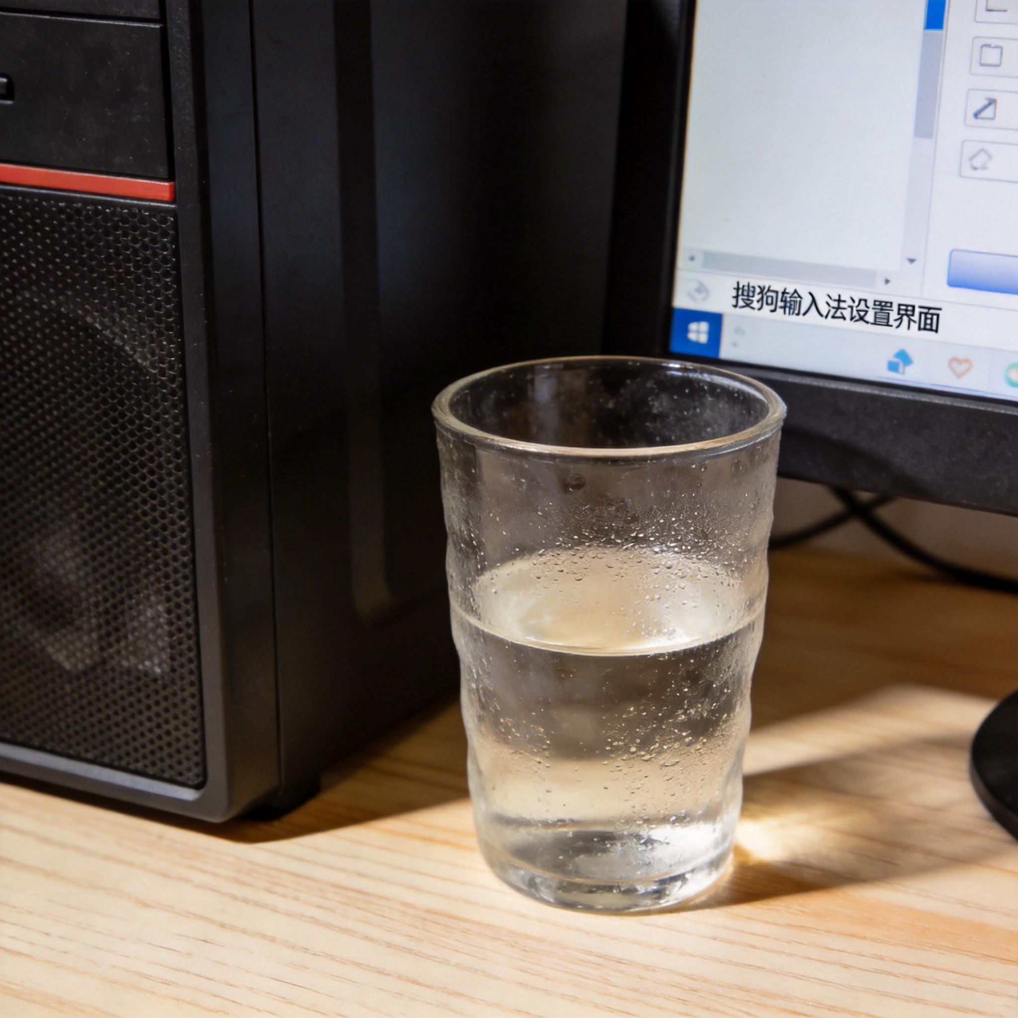 书桌上的主机，屏幕显示搜狗输入法设置界面，桌角放着水杯，自然光