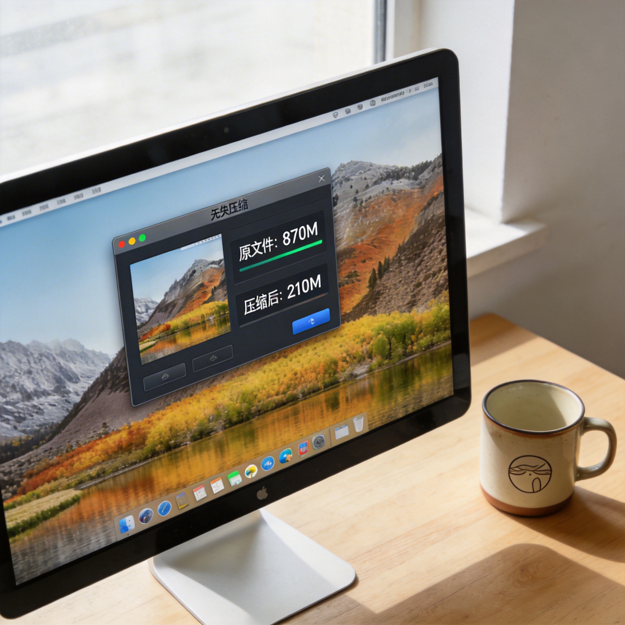 电脑桌的电脑屏幕显示无损压缩工具界面，显示原文件870M、压缩后210M的数值，旁边放着马克杯，桌面自然光
