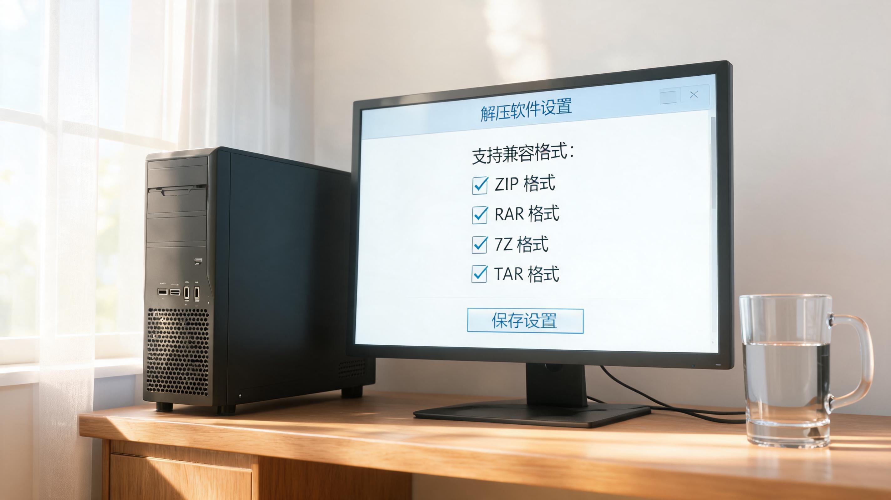 书桌上的主机，屏幕显示多格式兼容解压缩软件设置界面，桌角放着水杯，自然光