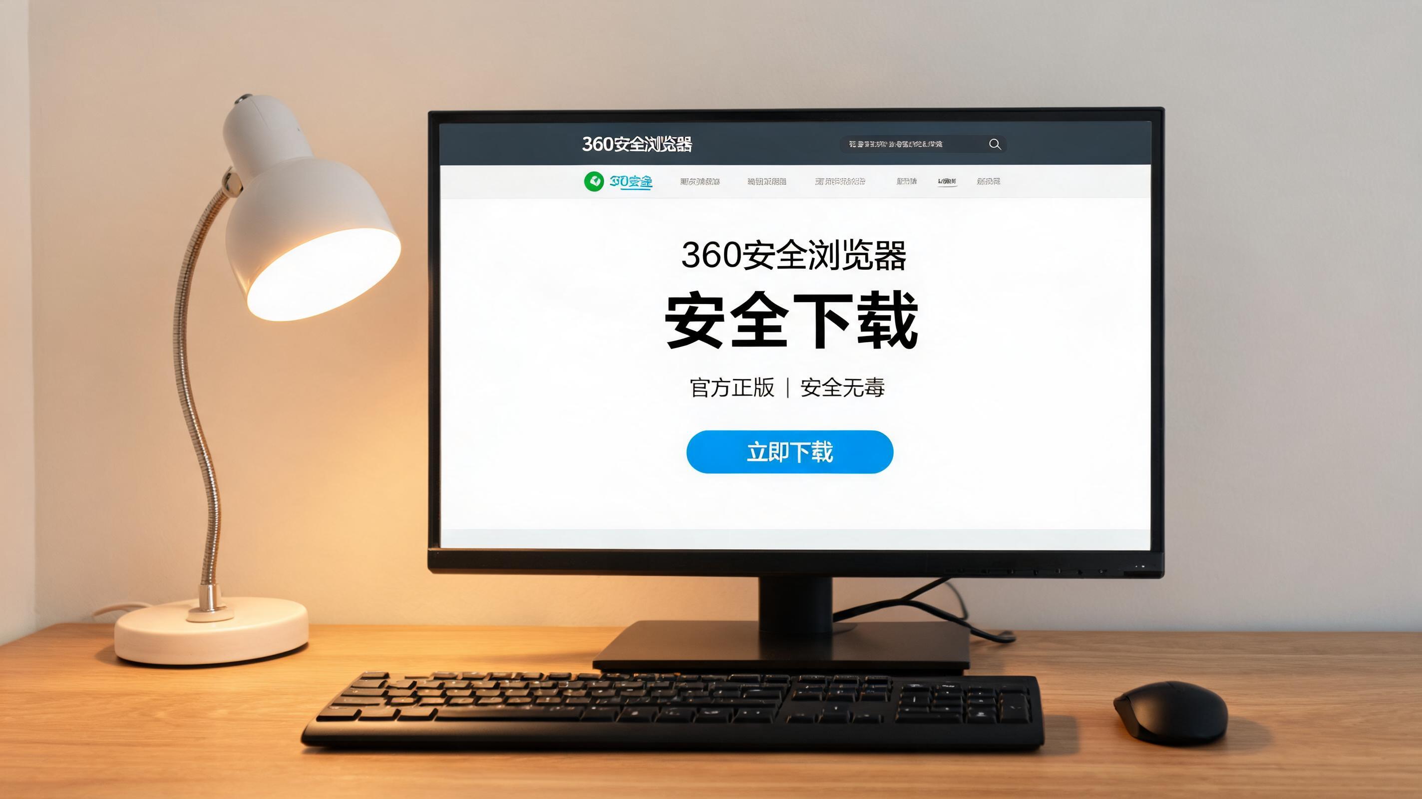 电脑桌上的电脑，屏幕显示360 安全浏览器安全下载界面，旁边放着台灯