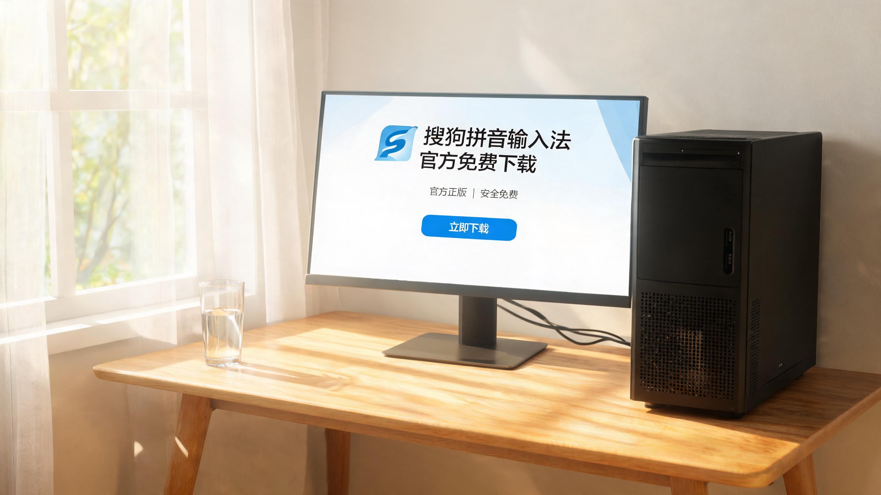 书桌上的主机，屏幕显示搜狗拼音官方免费下载设置界面，桌角放着水杯，自然光