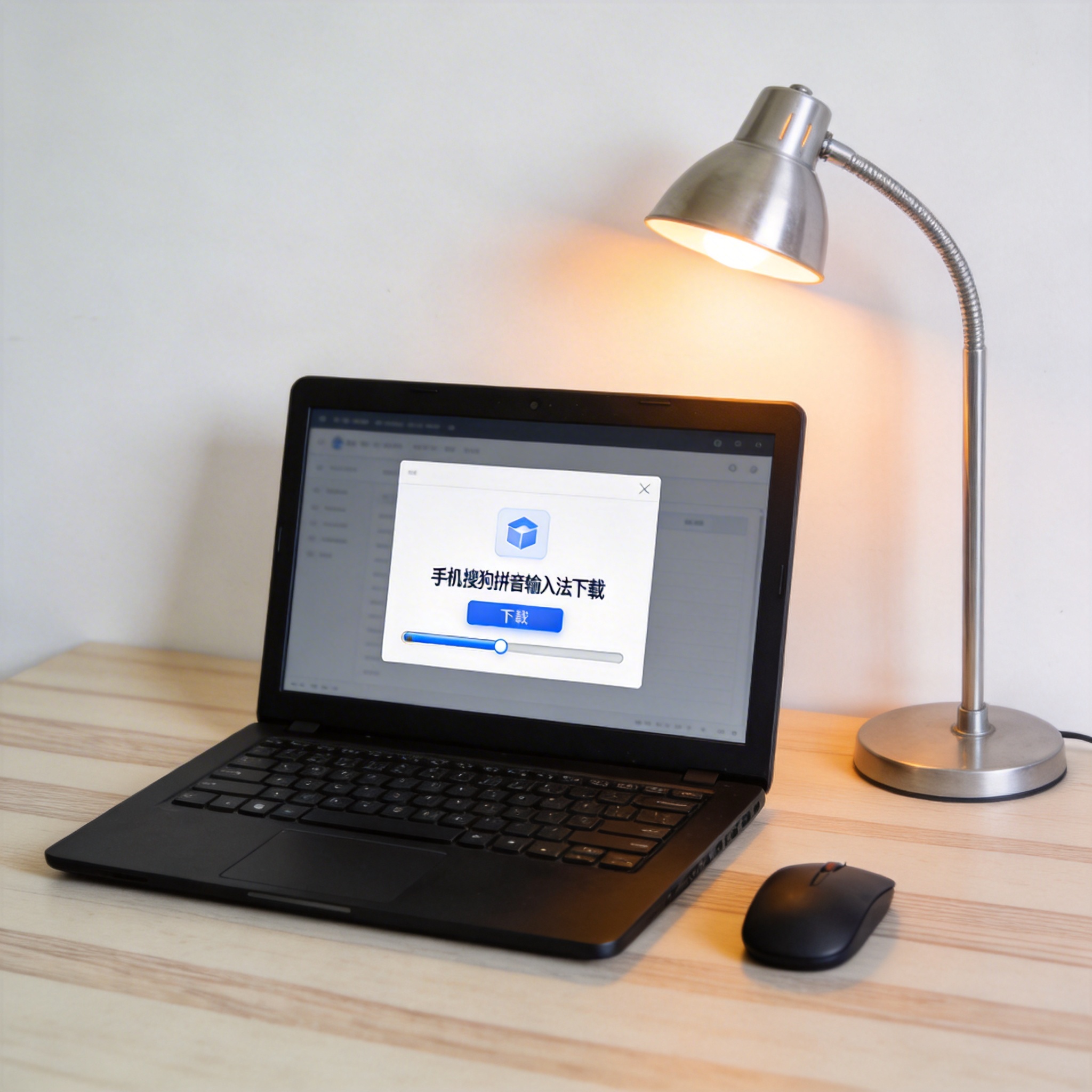 电脑桌上的电脑，屏幕显示手机搜狗拼音输入法下载界面，旁边放着台灯