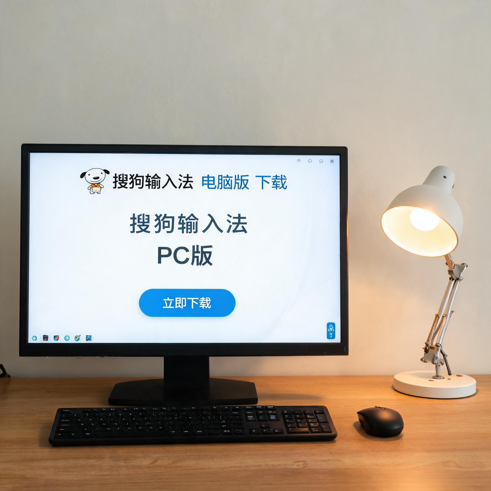 电脑桌上的电脑，屏幕显示搜狗输入法电脑版下载界面，旁边放着台灯