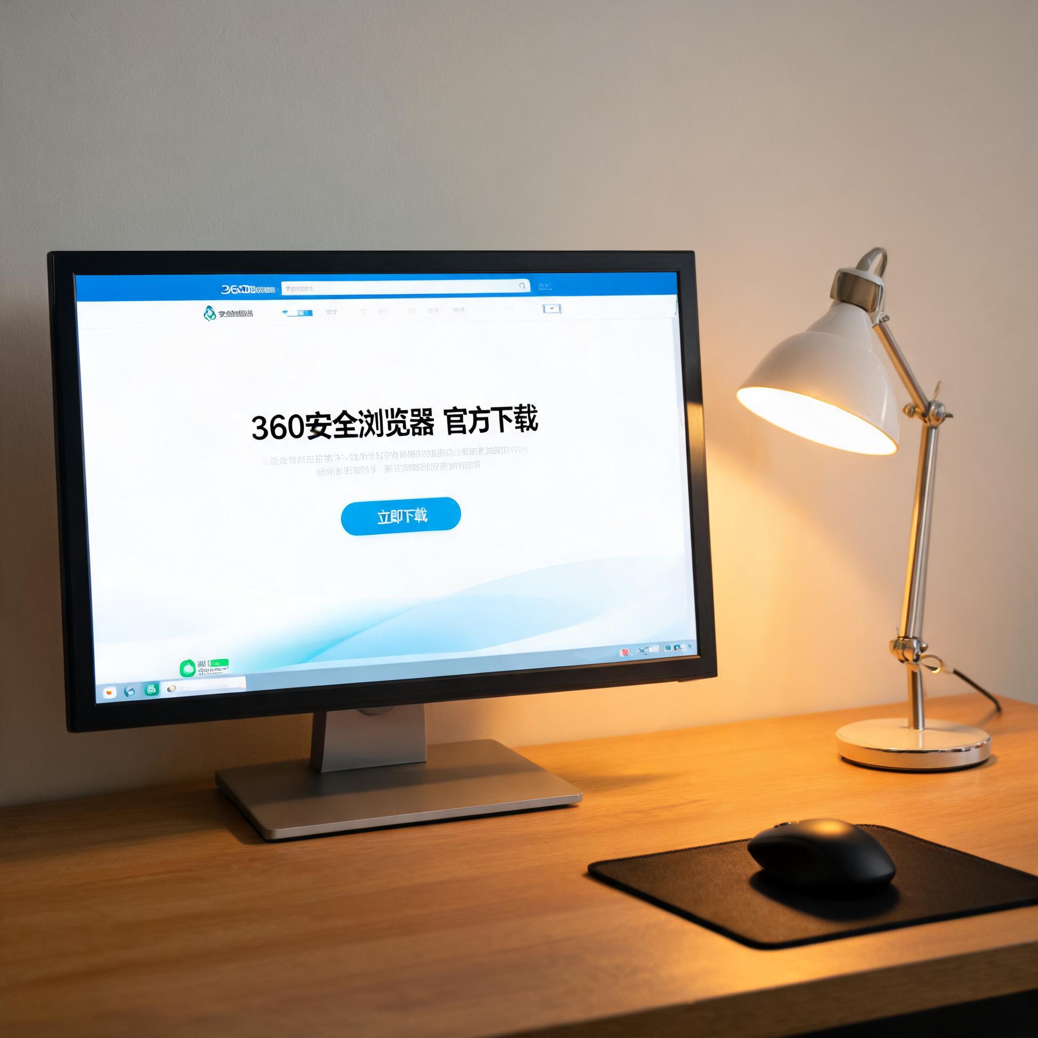 电脑桌上的电脑，屏幕显示360安全浏览器下载界面，旁边放着台灯