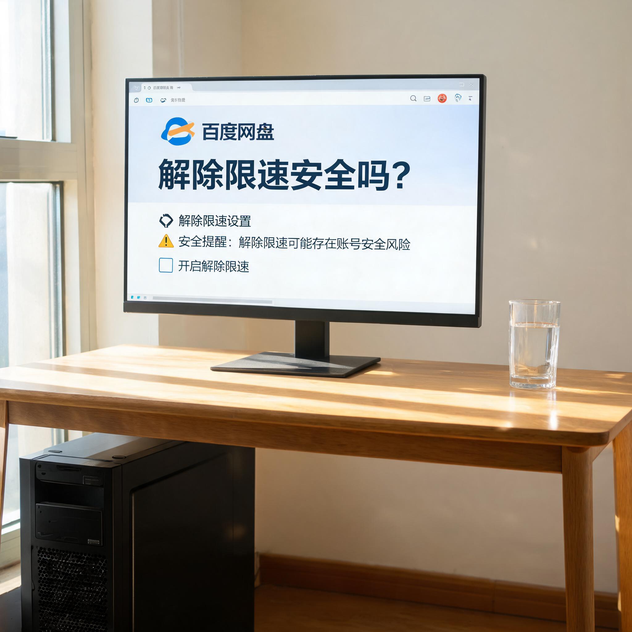 书桌上的主机，屏幕显示百度网盘解除限速安全吗设置界面，桌角放着水杯，自然光
