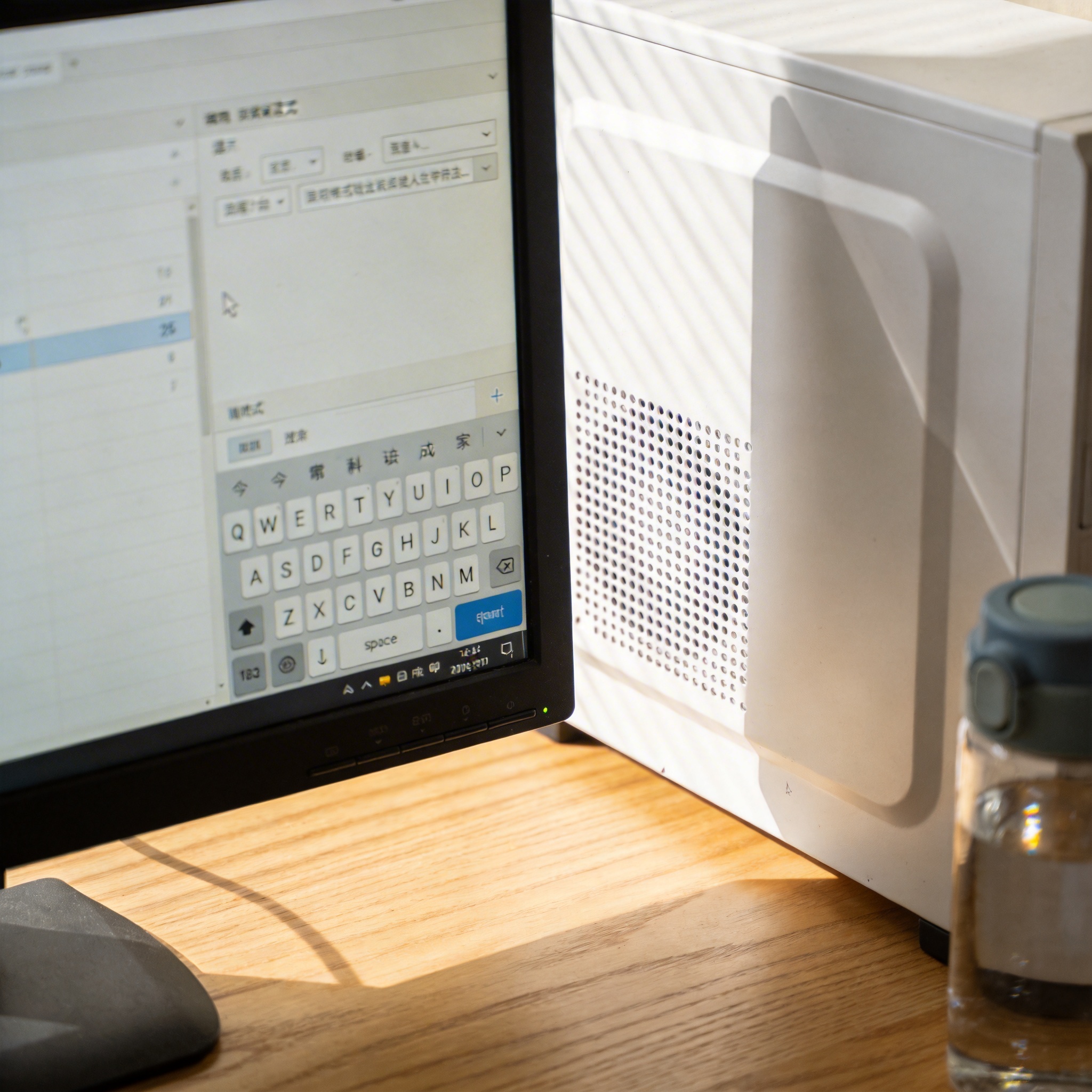 书桌上的主机，屏幕显示输入法设置界面，桌角放着水杯，自然光