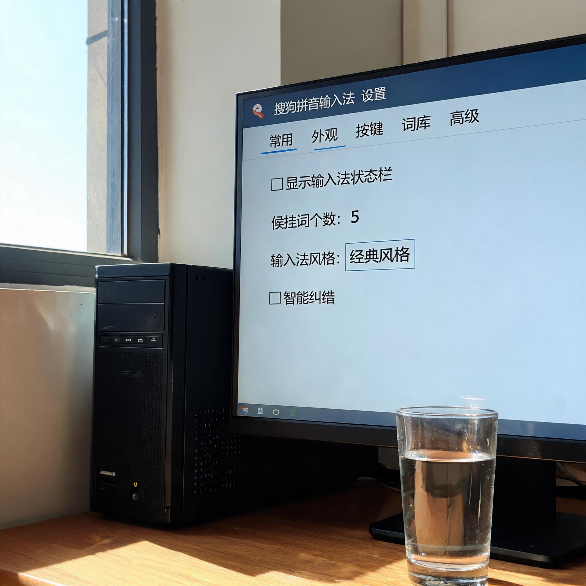 书桌上的主机，屏幕显示搜狗拼音输入法怎么设置设置界面，桌角放着水杯，自然光