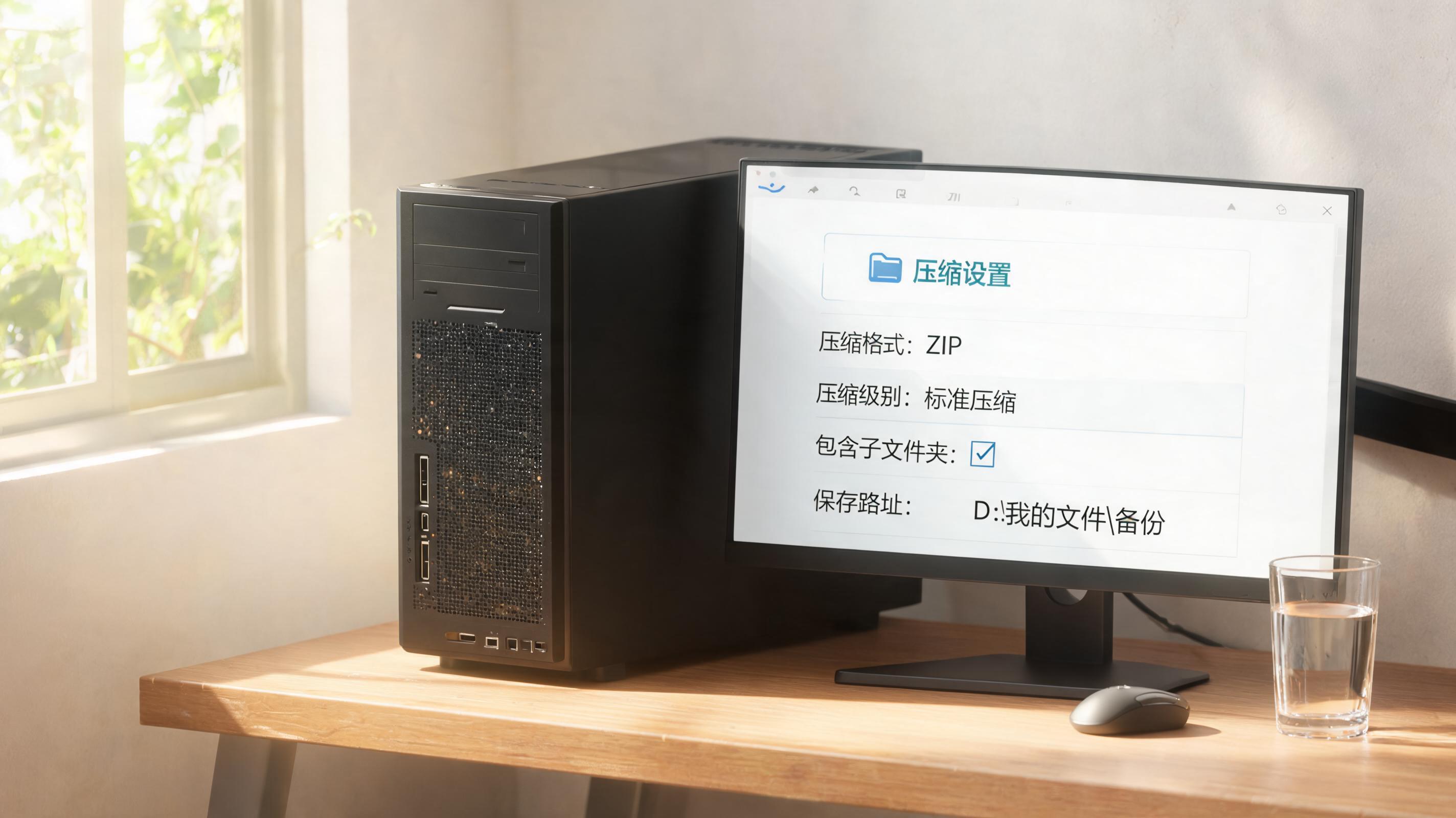 书桌上的主机，屏幕显示文件压缩设置界面，桌角放着水杯，自然光