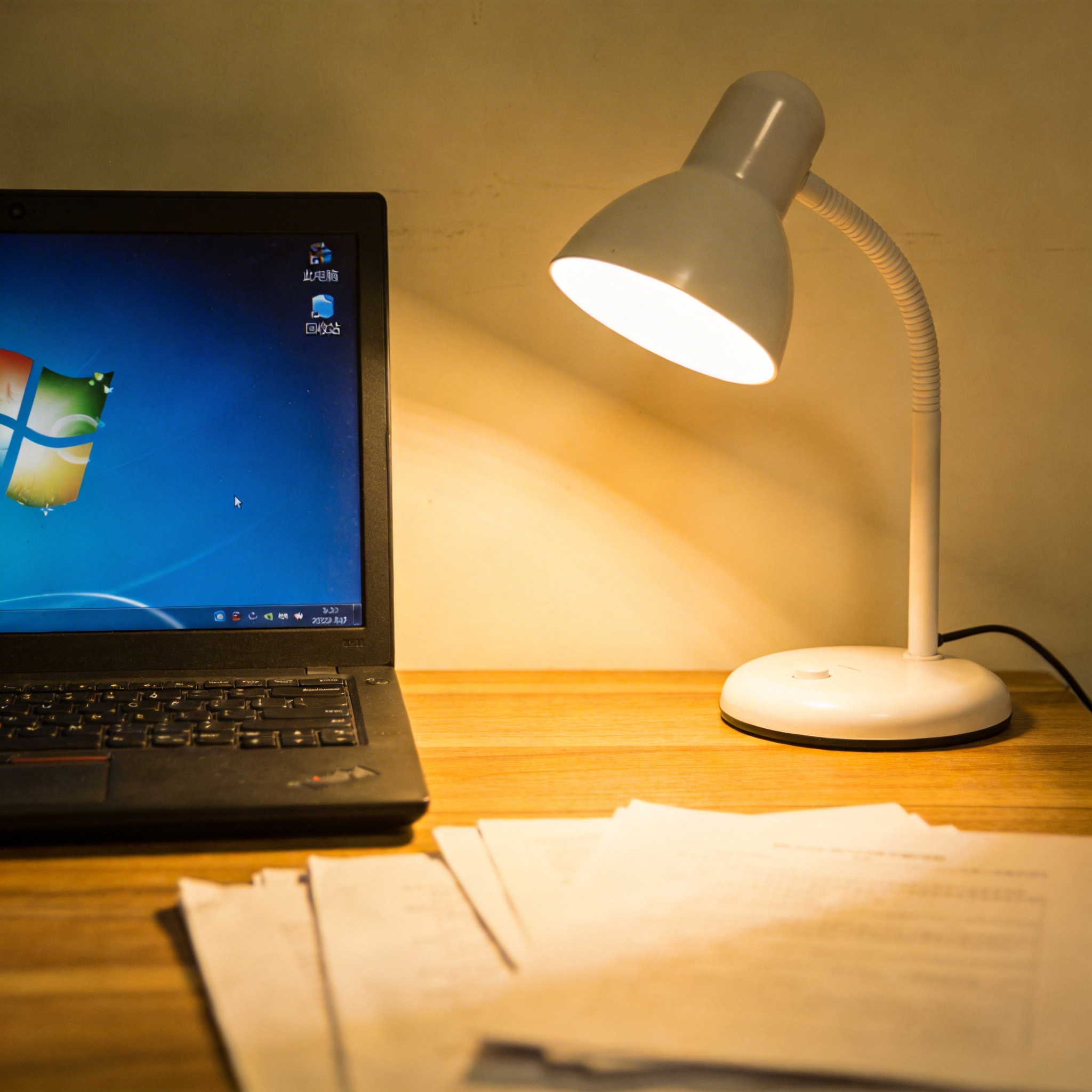 电脑桌上的电脑，屏幕显示Windows界面，旁边放着台灯