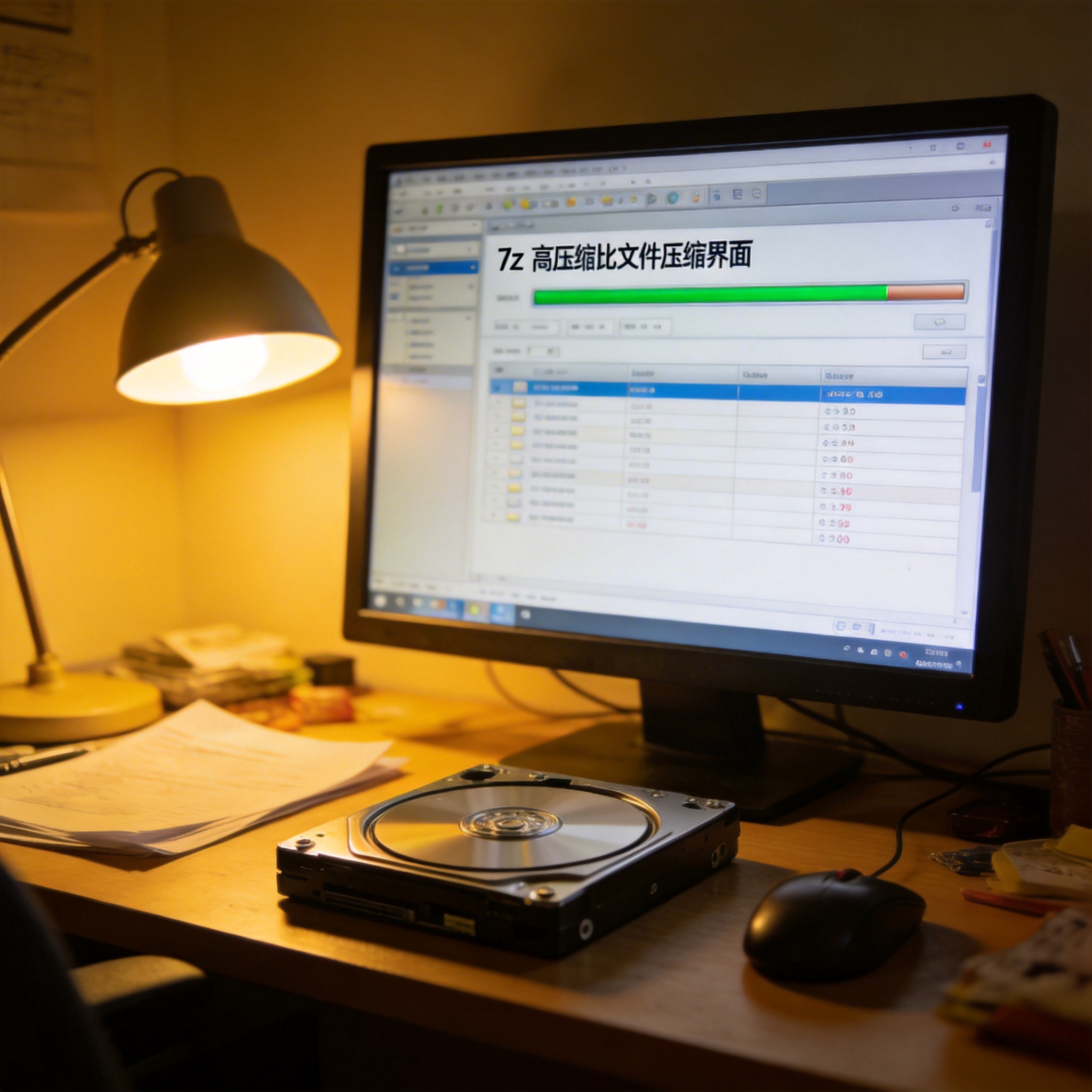 电脑桌上的硬盘，屏幕显示7z 高压缩比文件压缩界面，旁边放着台灯