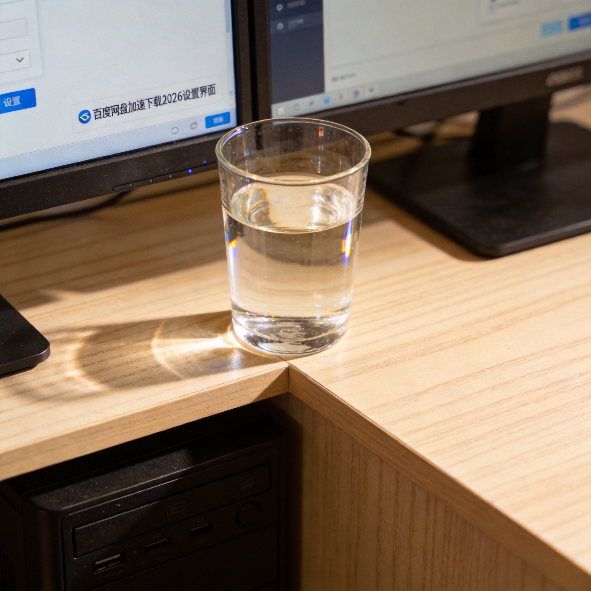 书桌上的主机，屏幕显示百度网盘加速下载 2026设置界面，桌角放着水杯，自然光