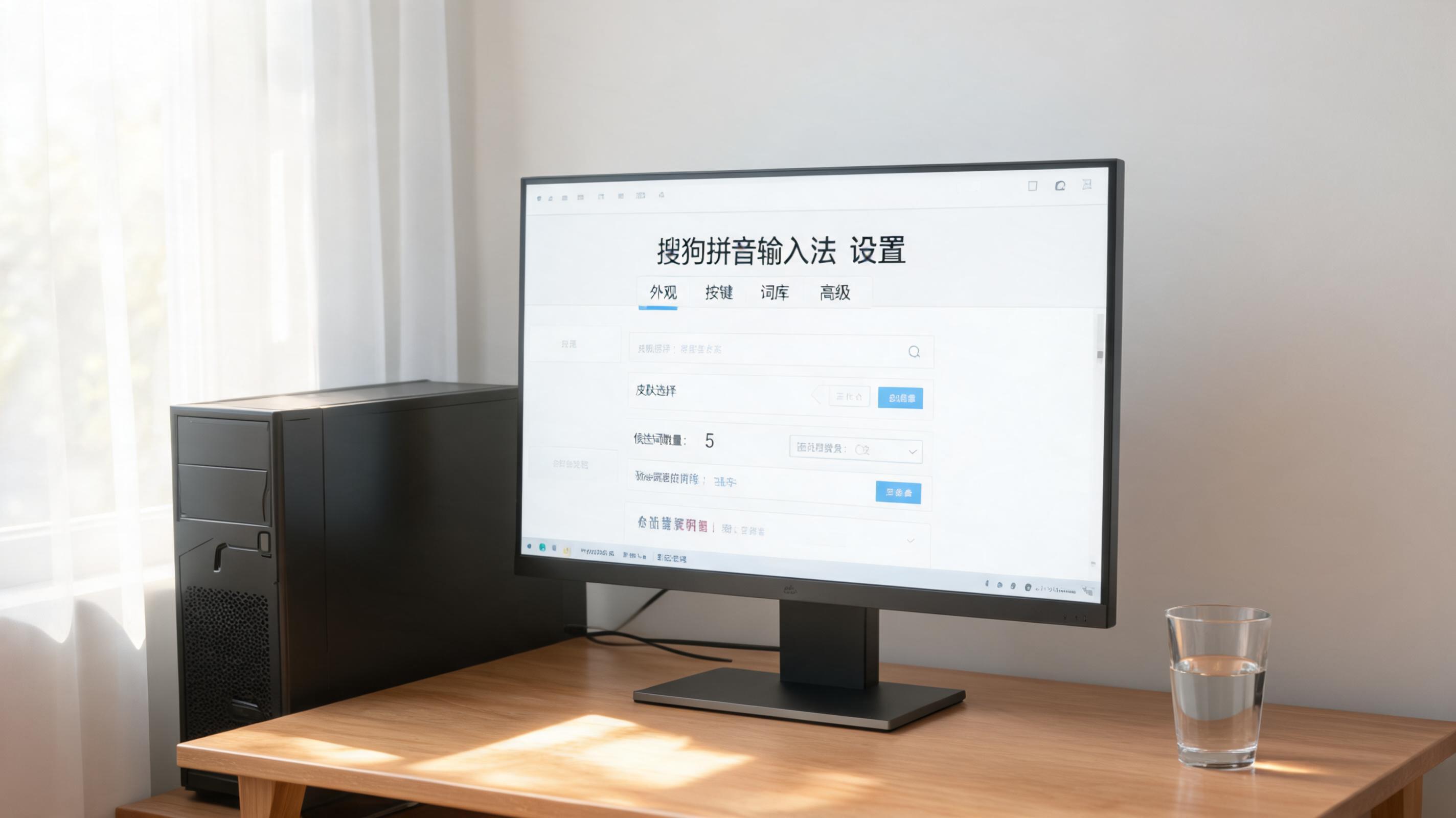 书桌上的主机，屏幕显示搜狗拼音设置界面，桌角放着水杯，自然光