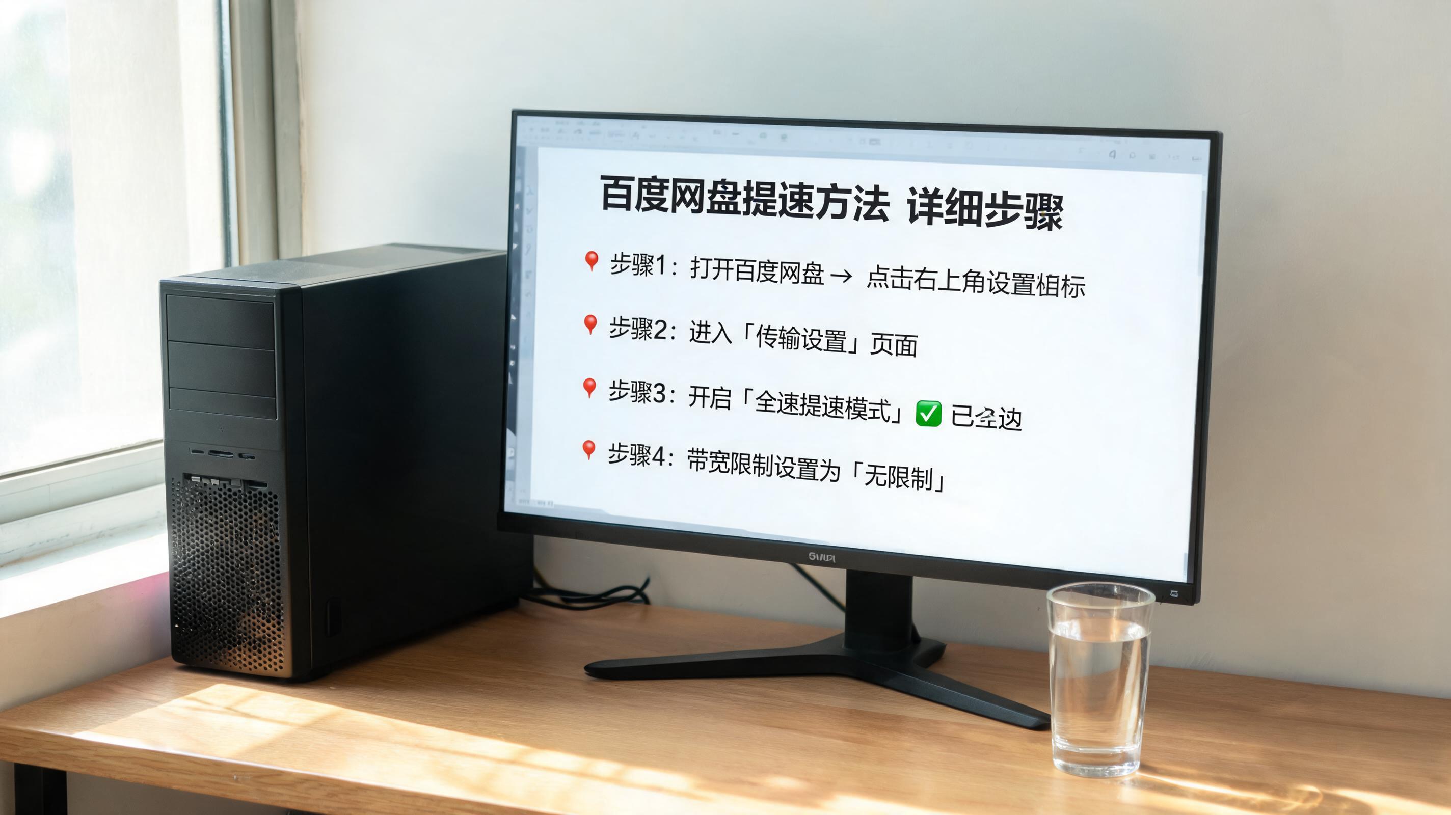 书桌上的主机，屏幕显示百度网盘提速方法详细步骤设置界面，桌角放着水杯，自然光