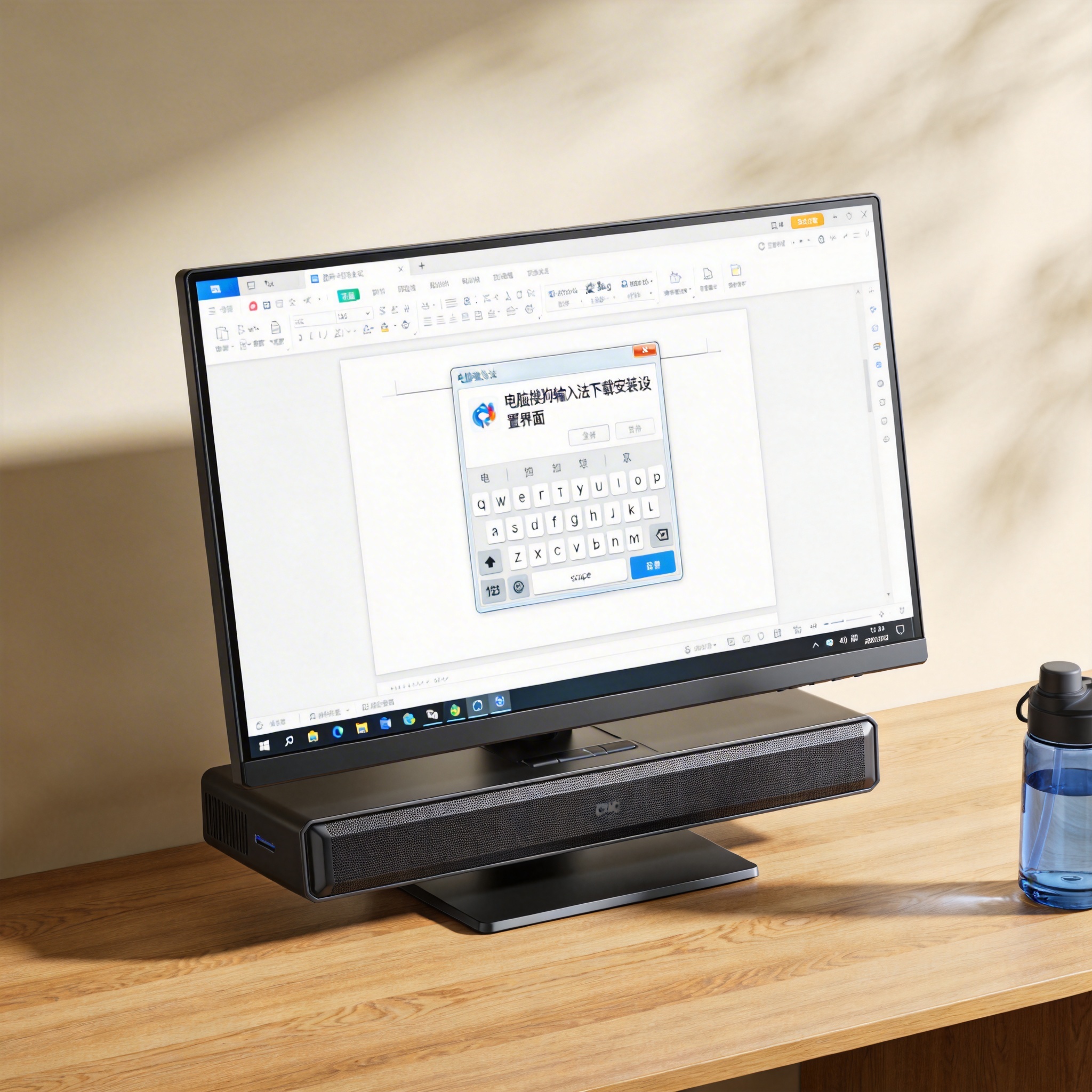 书桌上的主机，屏幕显示电脑搜狗输入法下载安装设置界面，桌角放着水杯，自然光