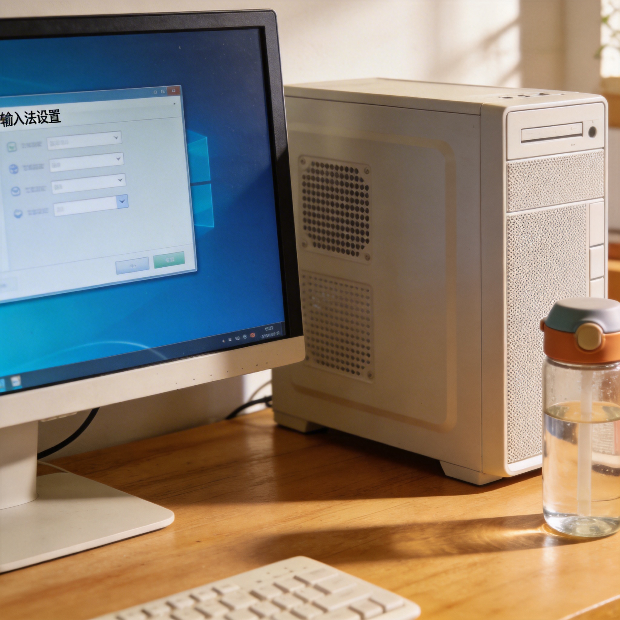 书桌上的主机，屏幕显示输入法设置界面，桌角放着水杯，自然光