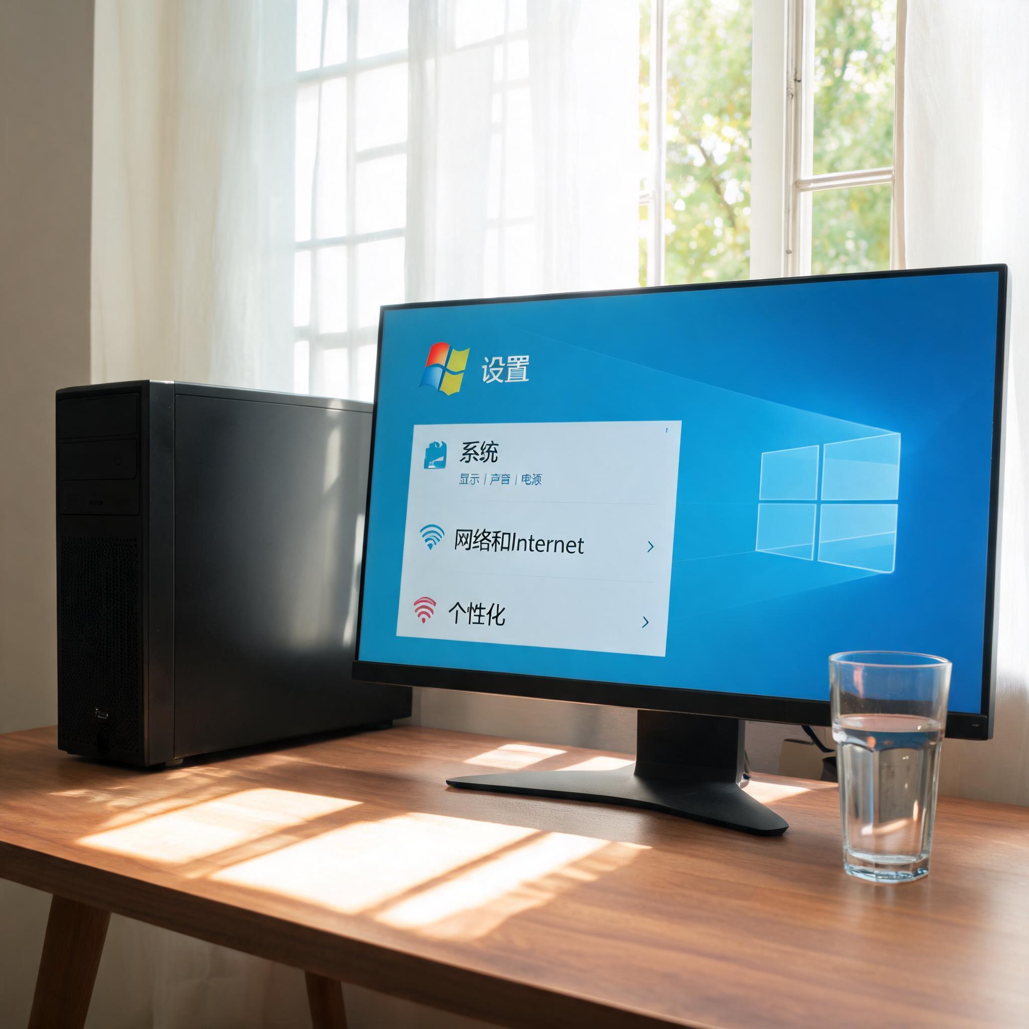 书桌上的主机，屏幕显示Windows设置界面，桌角放着水杯，自然光