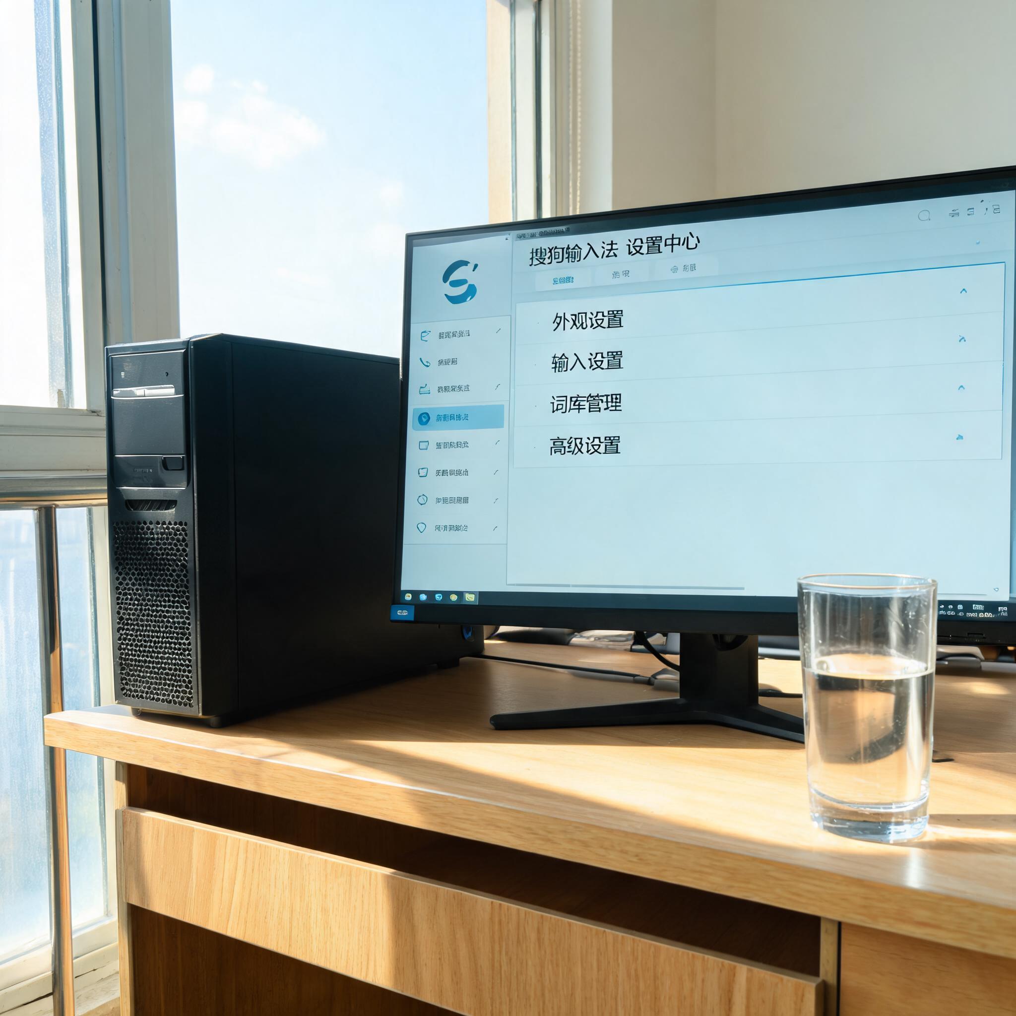 书桌上的主机，屏幕显示搜狗输入法设置界面，桌角放着水杯，自然光