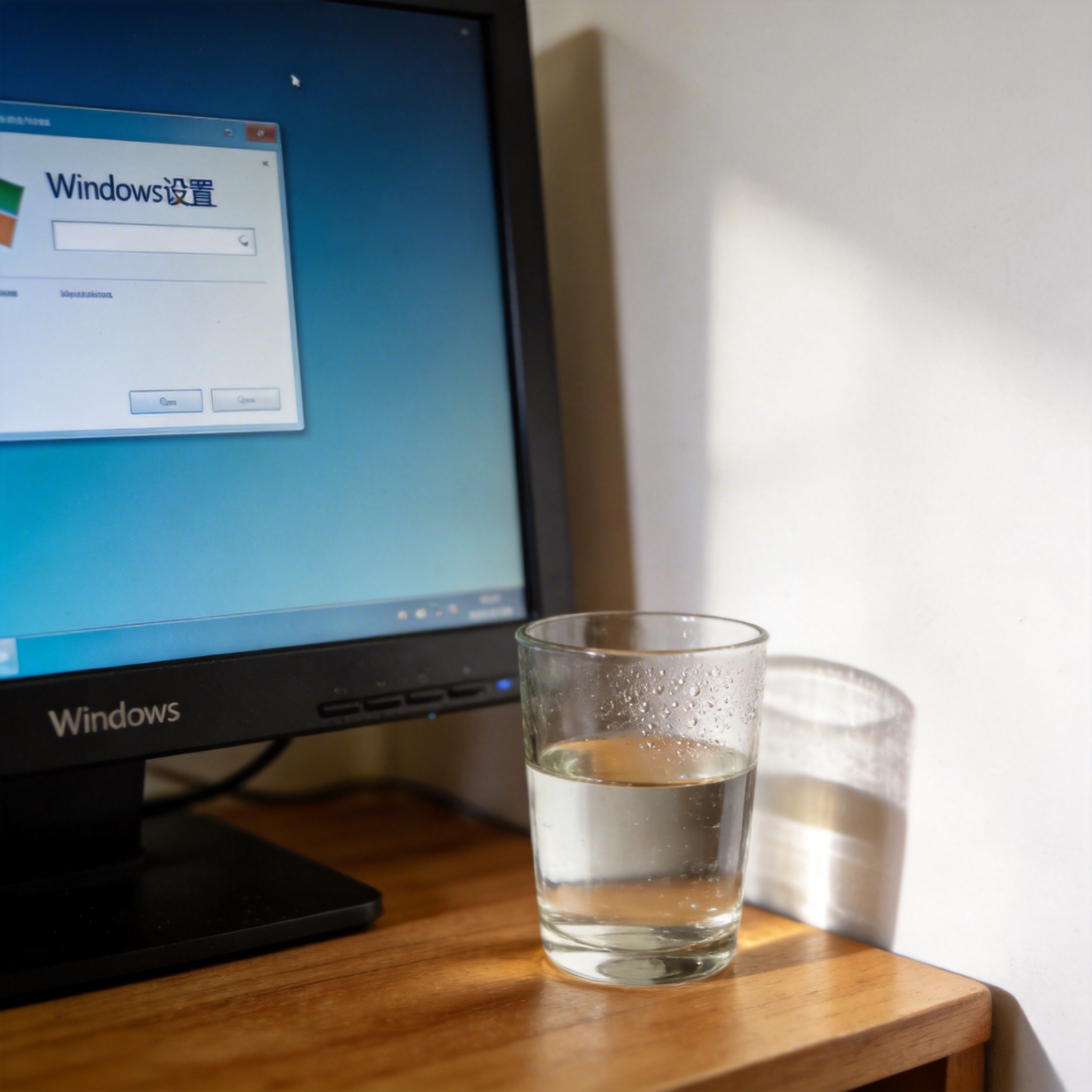 书桌上的主机，屏幕显示Windows设置界面，桌角放着水杯，自然光