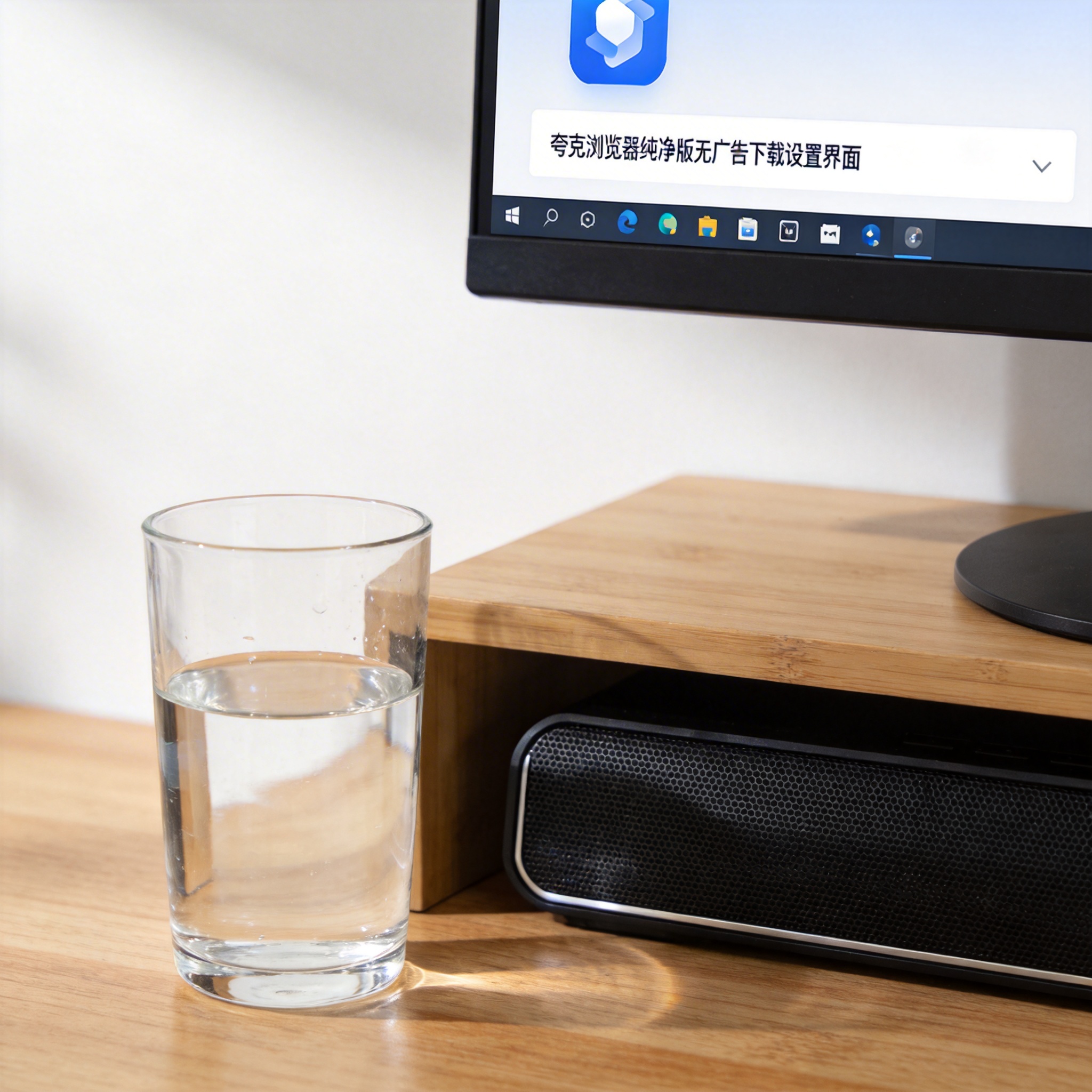 书桌上的主机，屏幕显示夸克浏览器纯净版无广告下载设置界面，桌角放着水杯，自然光