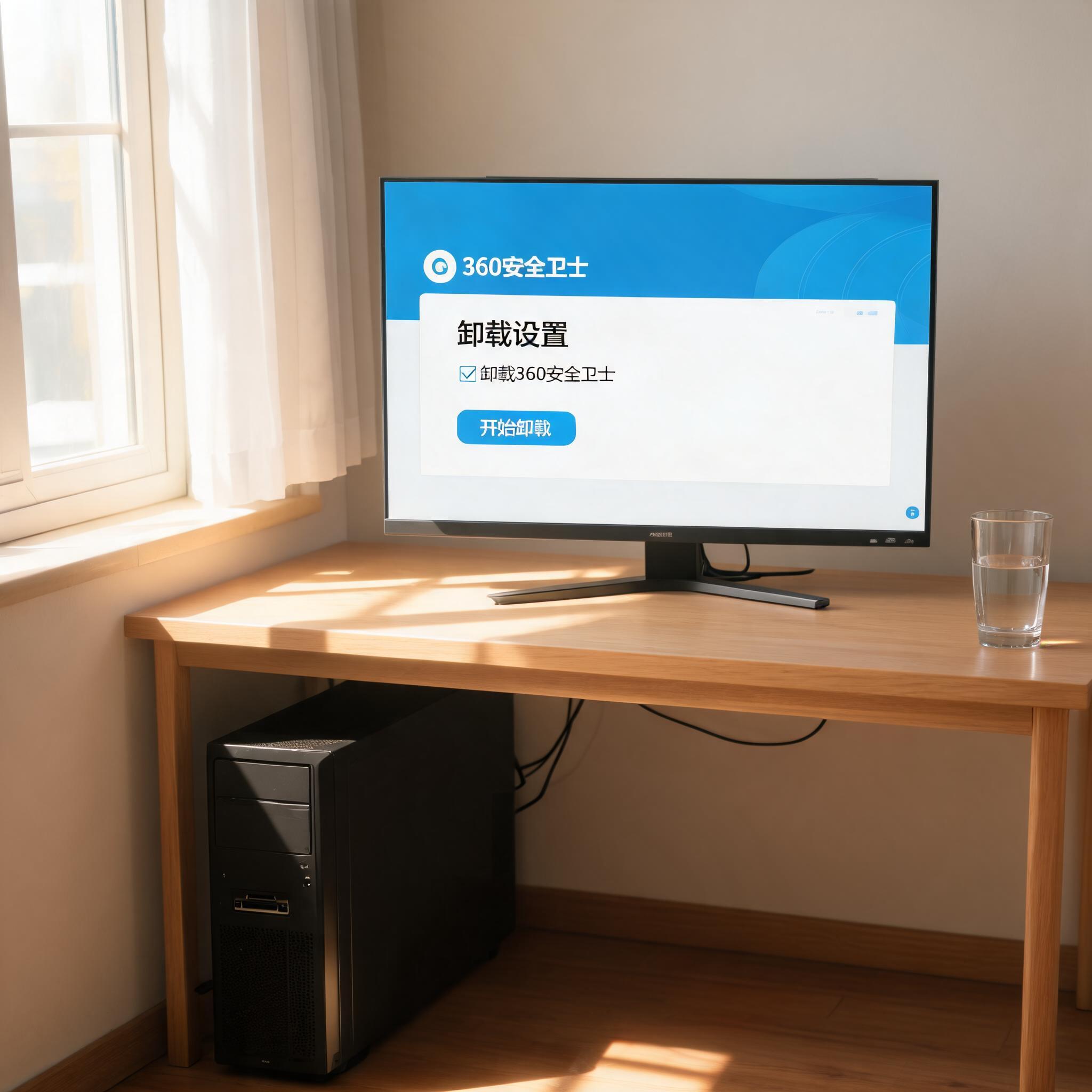 书桌上的主机，屏幕显示360 安全卫士如何卸载设置界面，桌角放着水杯，自然光