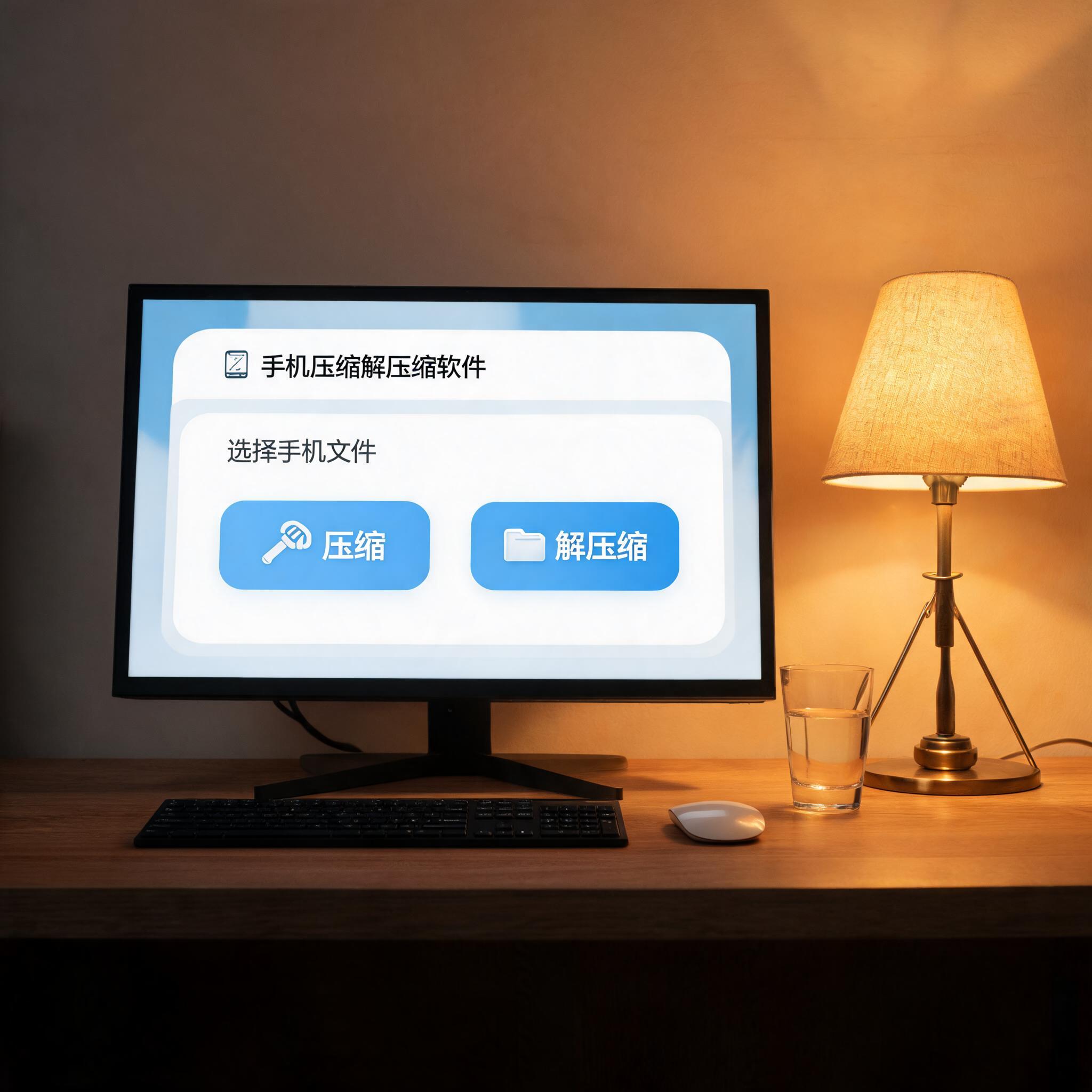 电脑桌上的电脑，屏幕显示手机文件压缩解压缩软件界面，旁边放着台灯