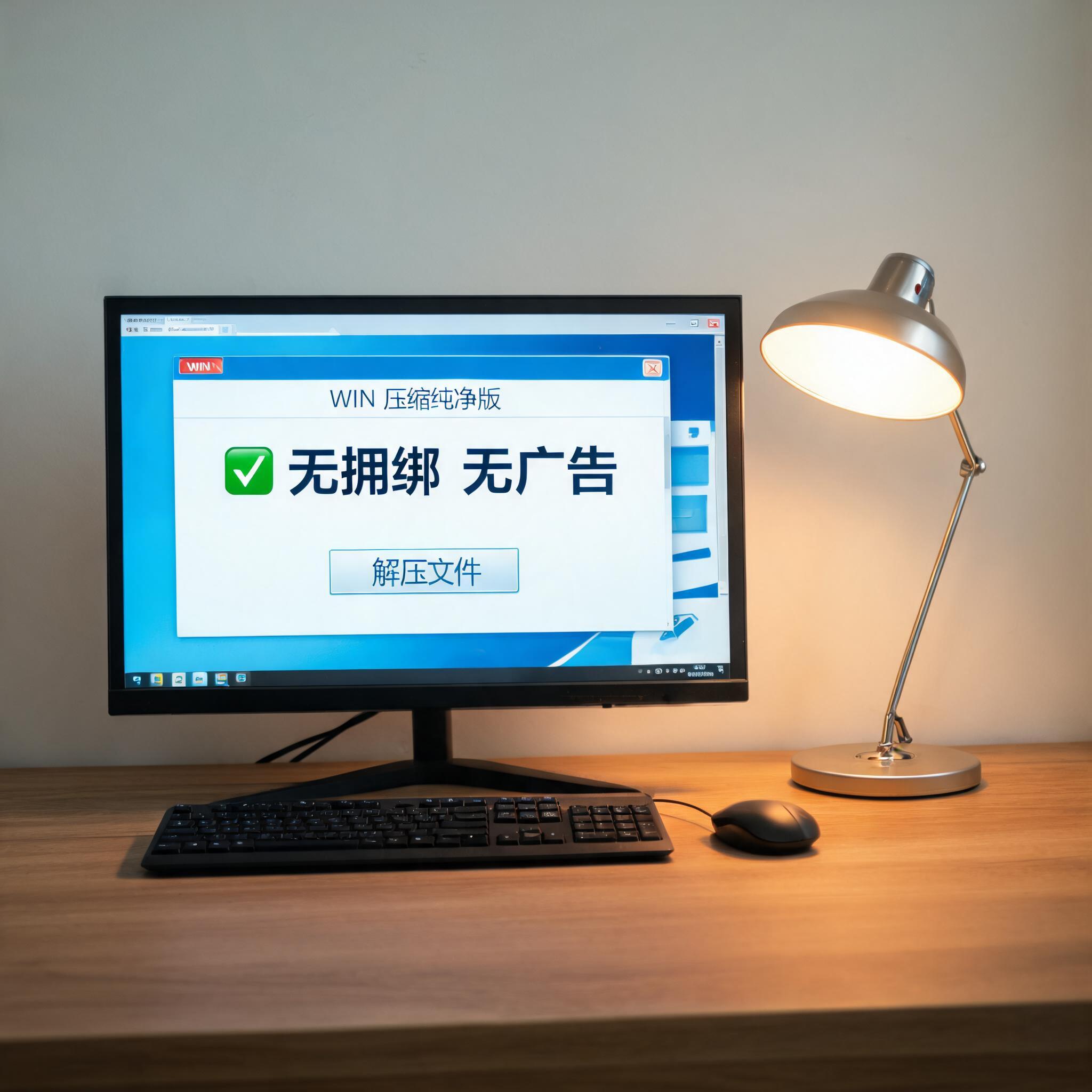 电脑桌上的电脑，屏幕显示win 压缩纯净版无捆绑界面，旁边放着台灯