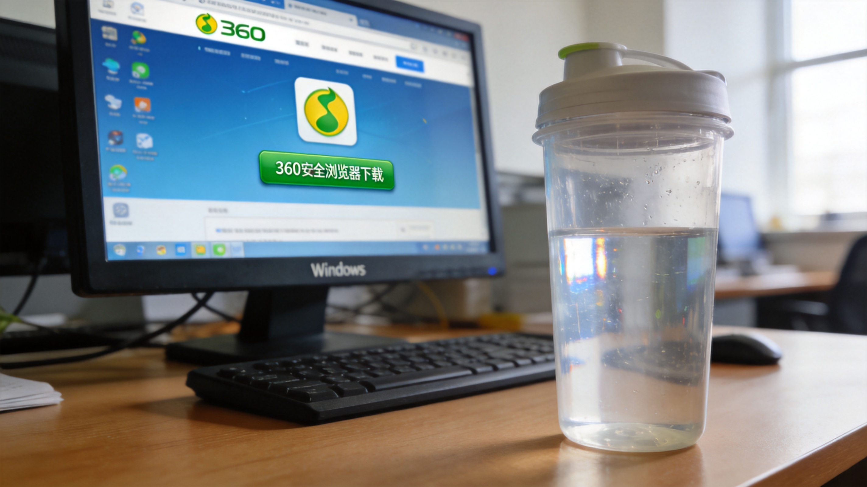 电脑桌的Windows系统电脑，屏幕显示360官网页面，页面上有360安全浏览器下载入口，桌面放着半透明塑料水杯，室内自然光