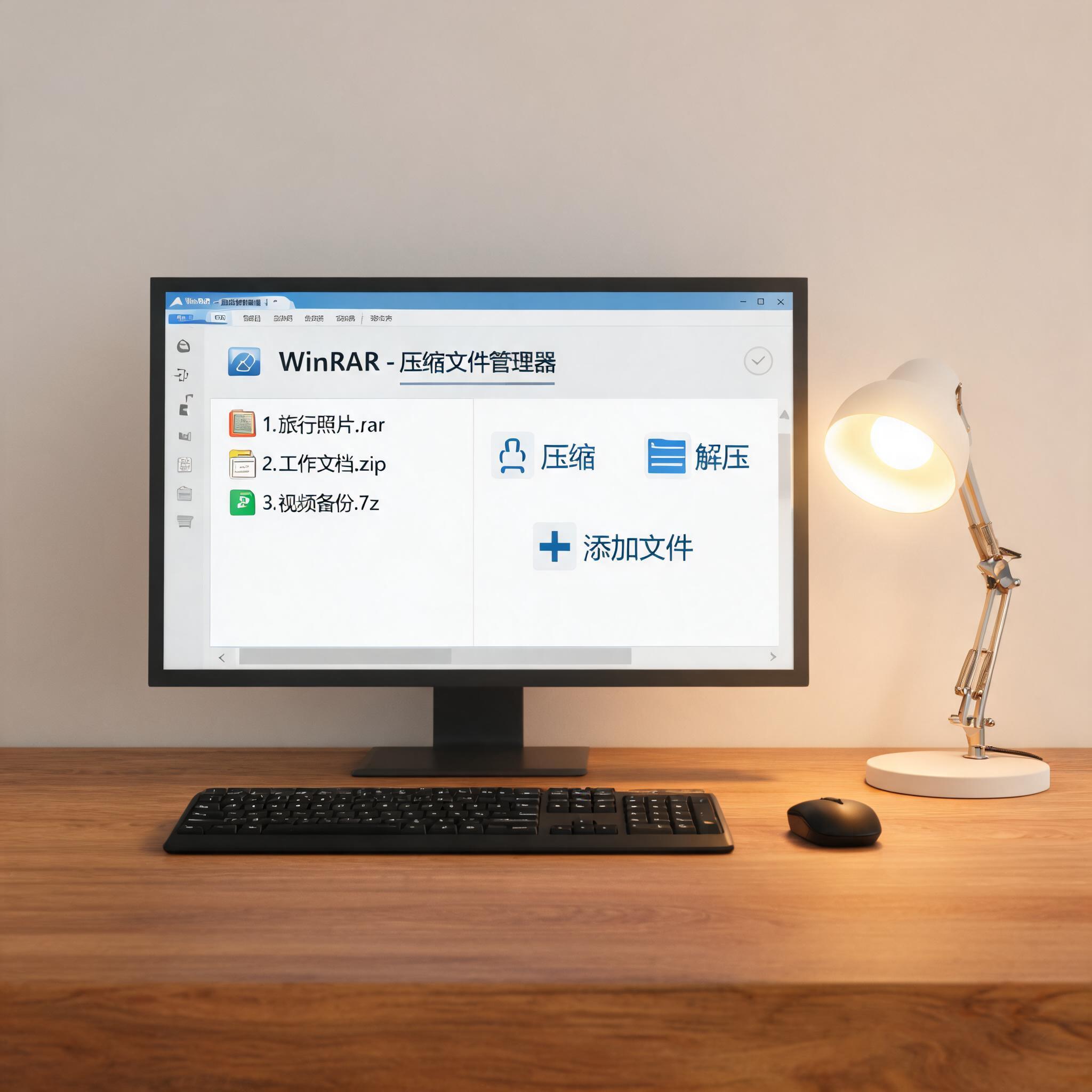 电脑桌上的电脑，屏幕显示多格式兼容解压缩软件桌面，旁边放着台灯