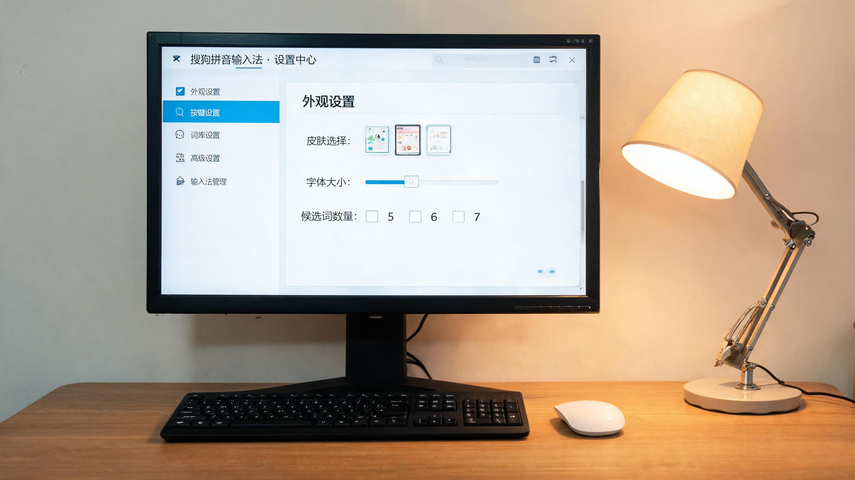 电脑桌上的电脑，屏幕显示搜狗拼音输入法怎么设置菜单，旁边放着台灯