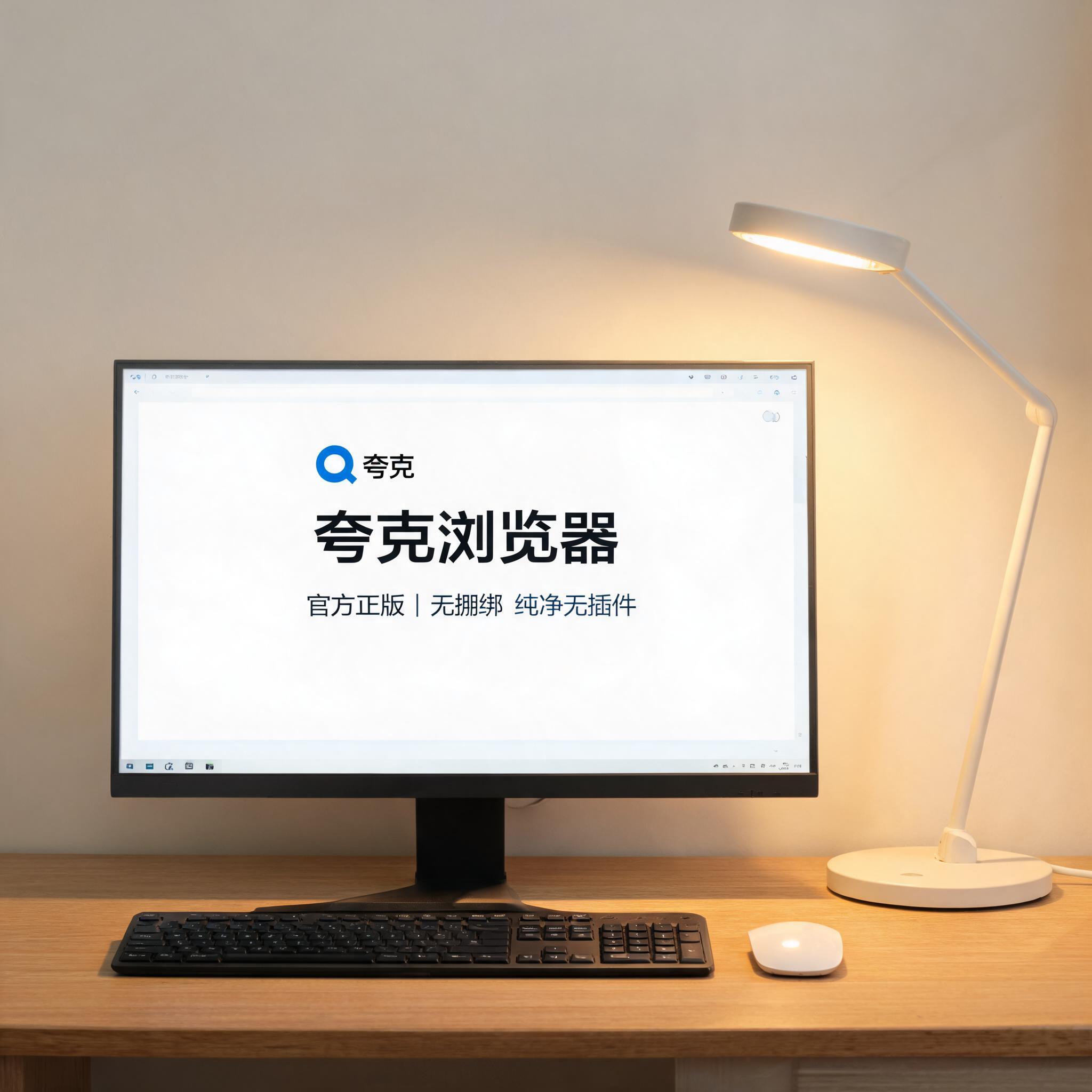 电脑桌上的电脑，屏幕显示夸克浏览器官方正版无捆绑界面，旁边放着台灯