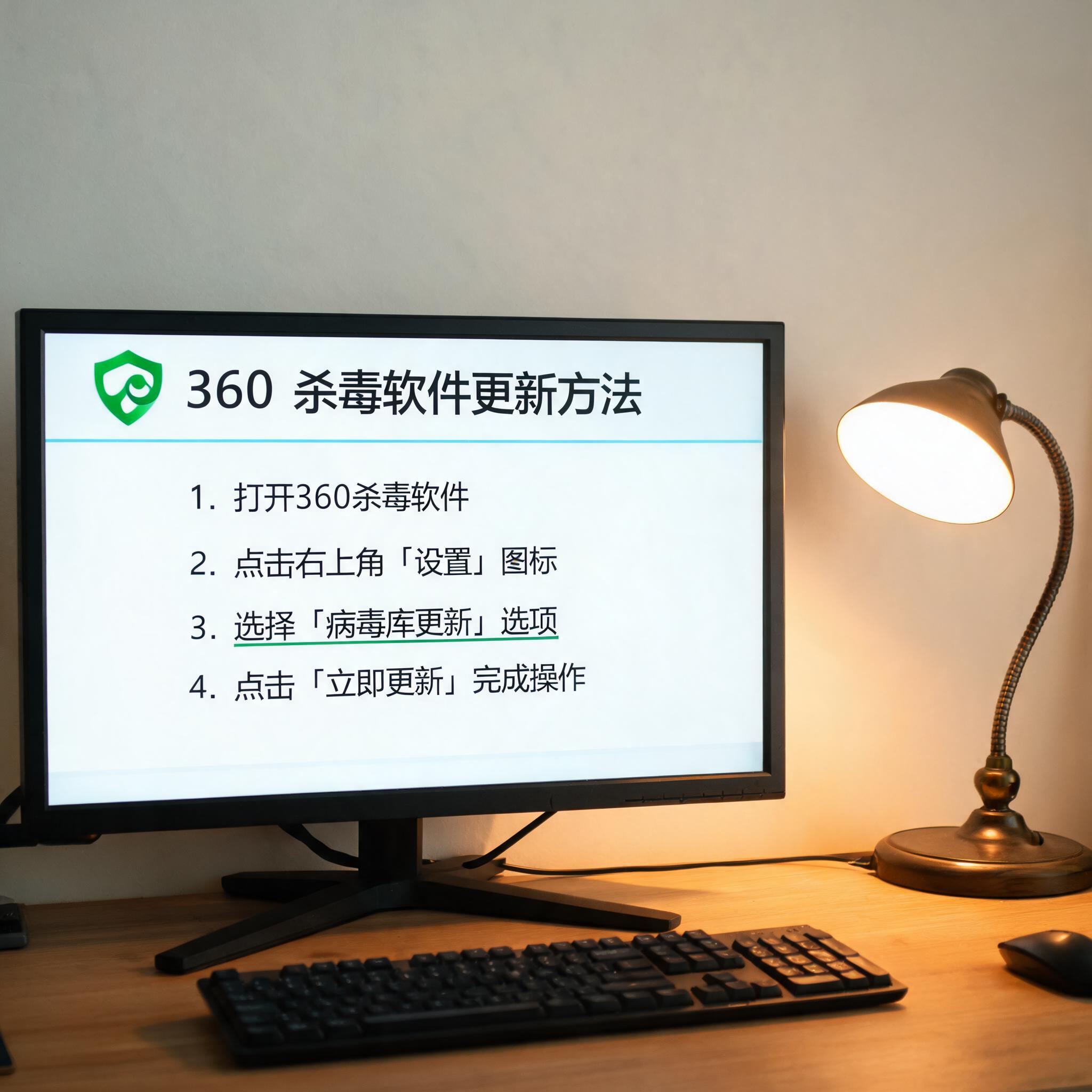 电脑桌上的电脑，屏幕显示360 杀毒软件更新方法界面，旁边放着台灯