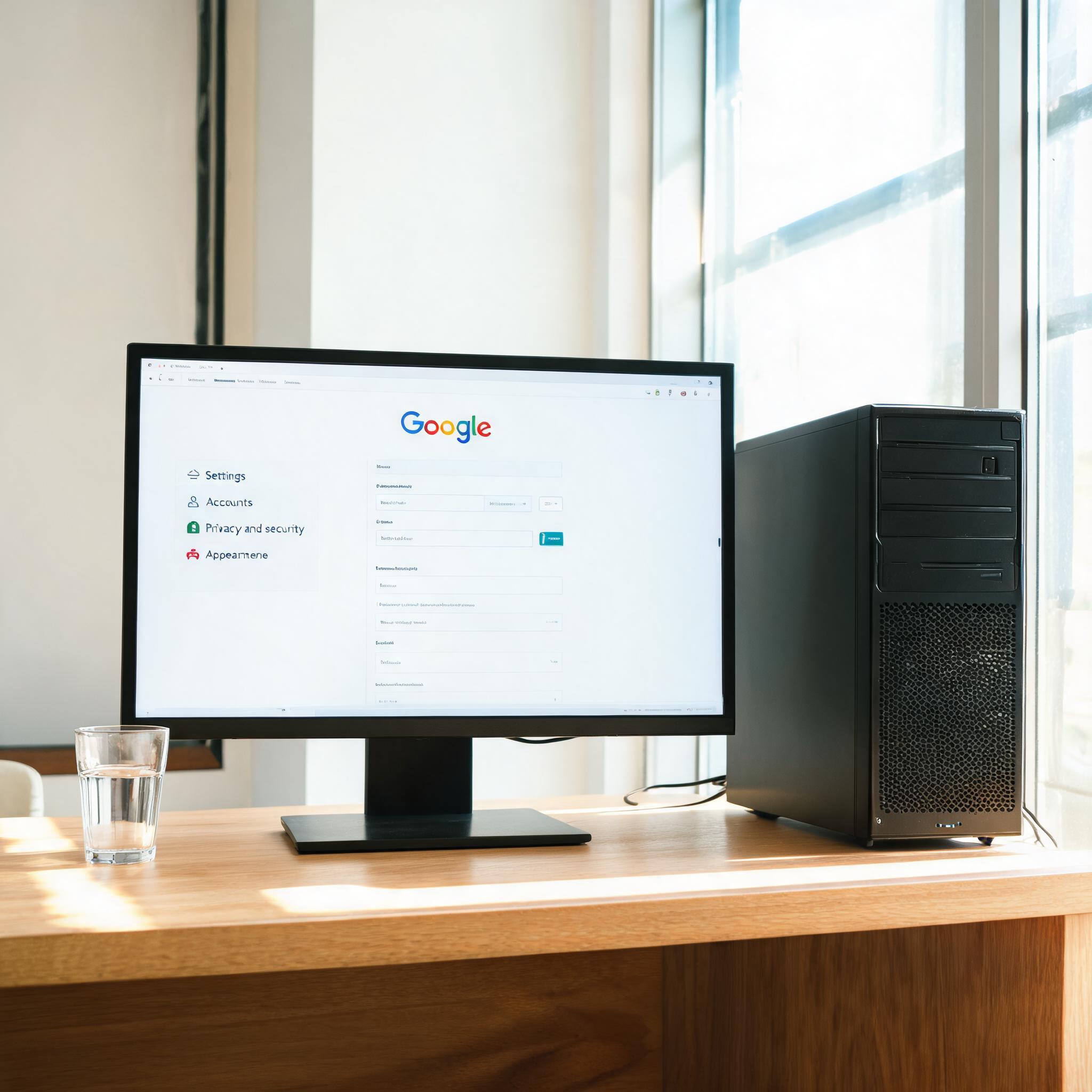 书桌上的主机，屏幕显示google设置界面，桌角放着水杯，自然光