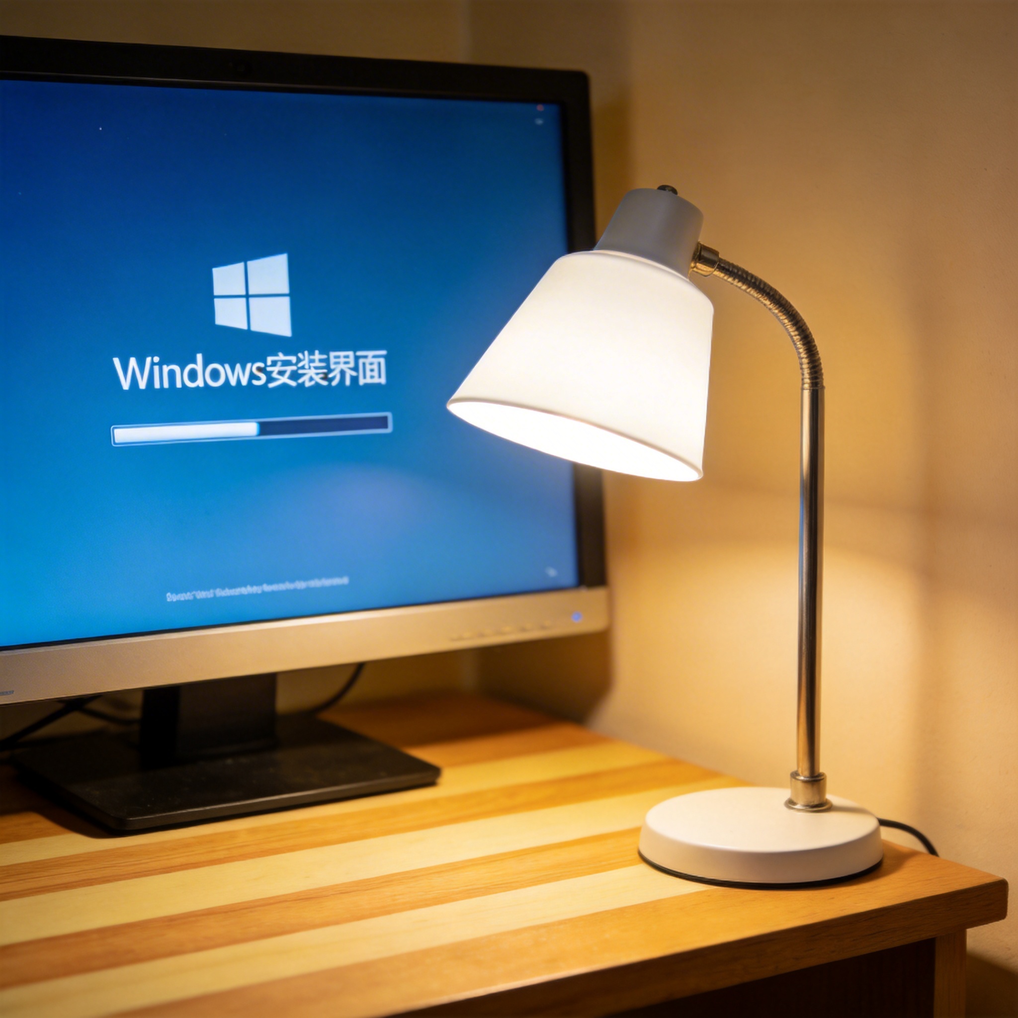 电脑桌上的电脑，屏幕显示Windows安装界面，旁边放着台灯