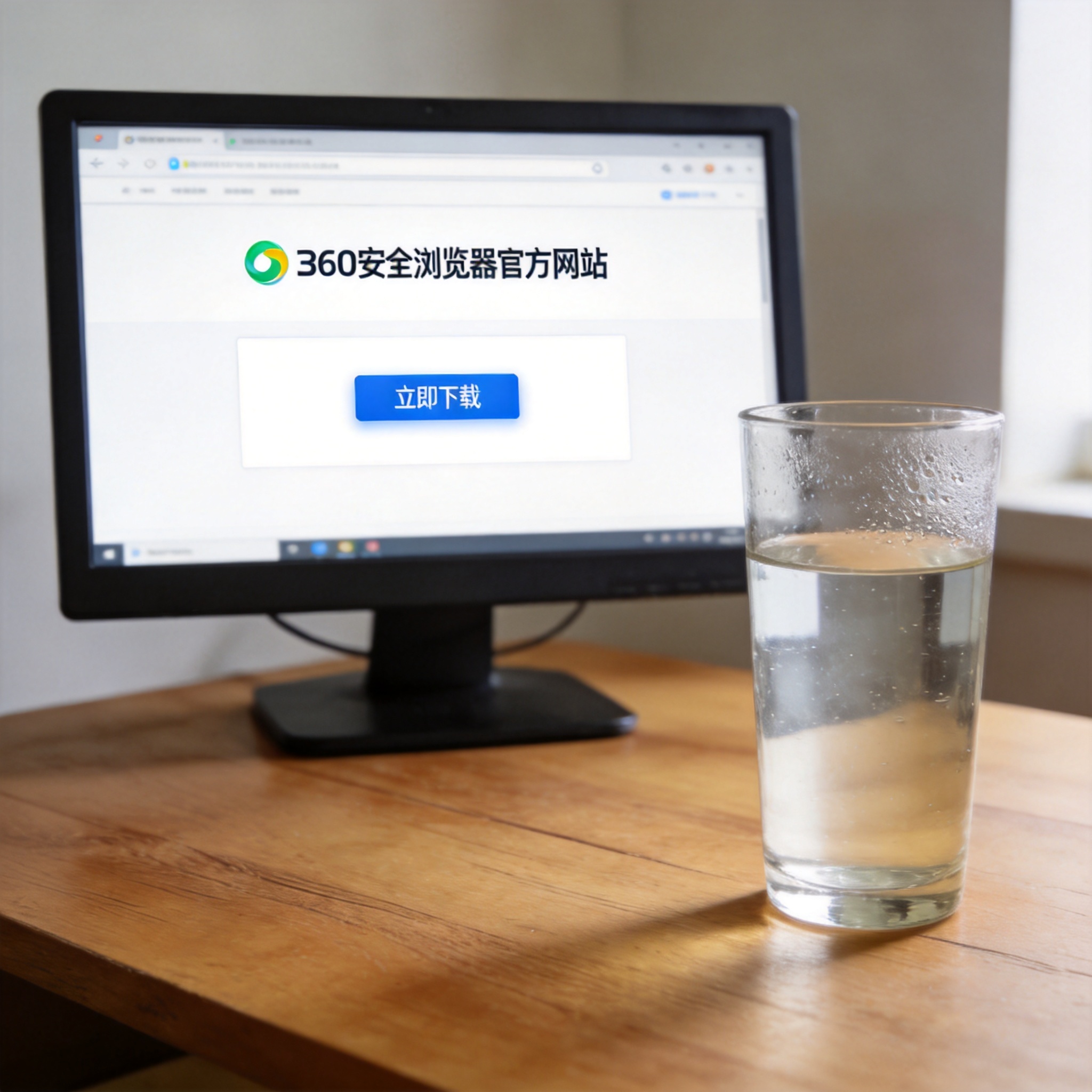 电脑桌的电脑屏幕显示360安全浏览器官方网站页面，页面上有清晰的下载按钮，旁边放着半杯温水，室内自然光